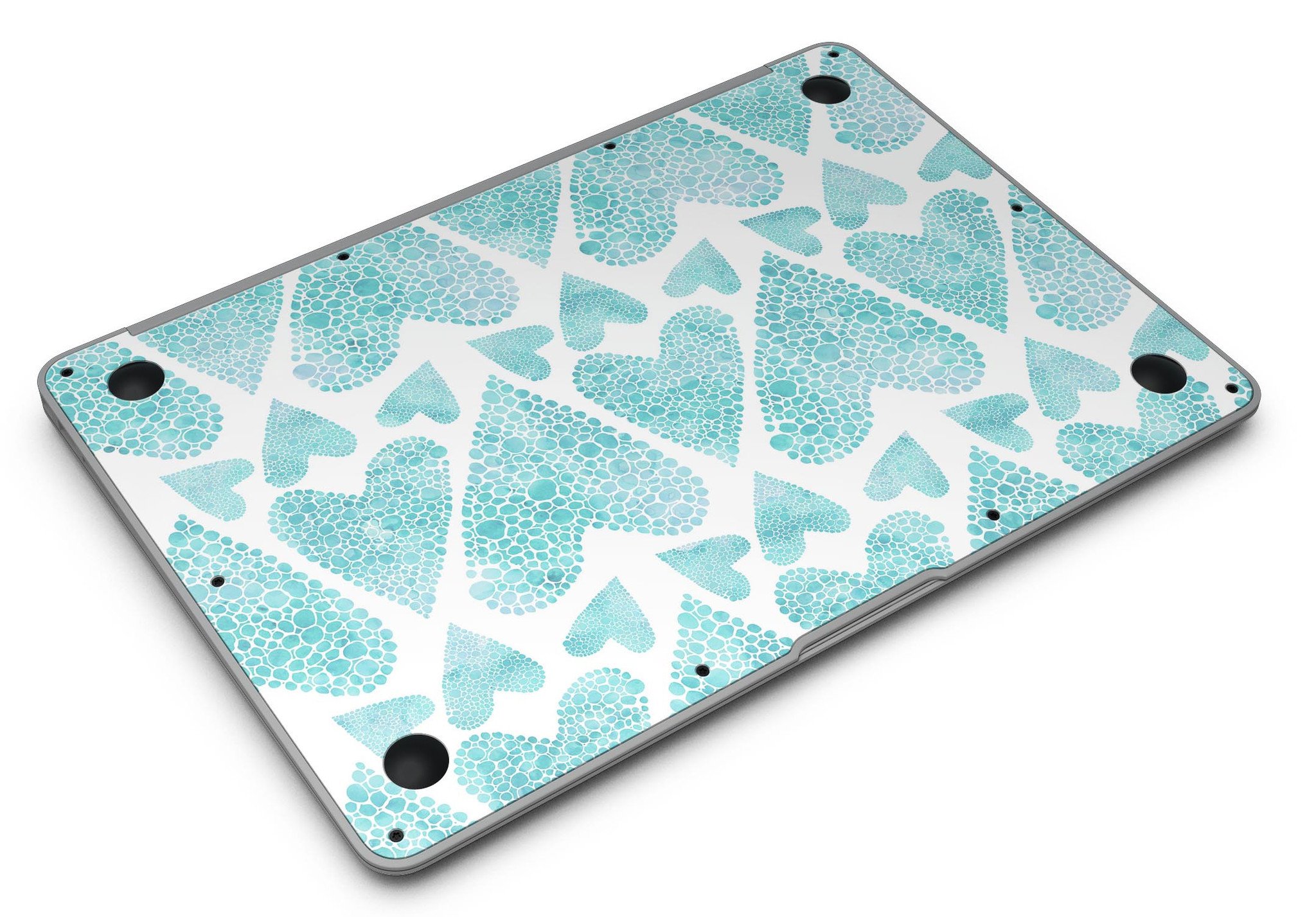 Green Watercolor Hearts Pattern MacBook Air Skin Kit showcasing vibrant heart designs on a sleek laptop surface.