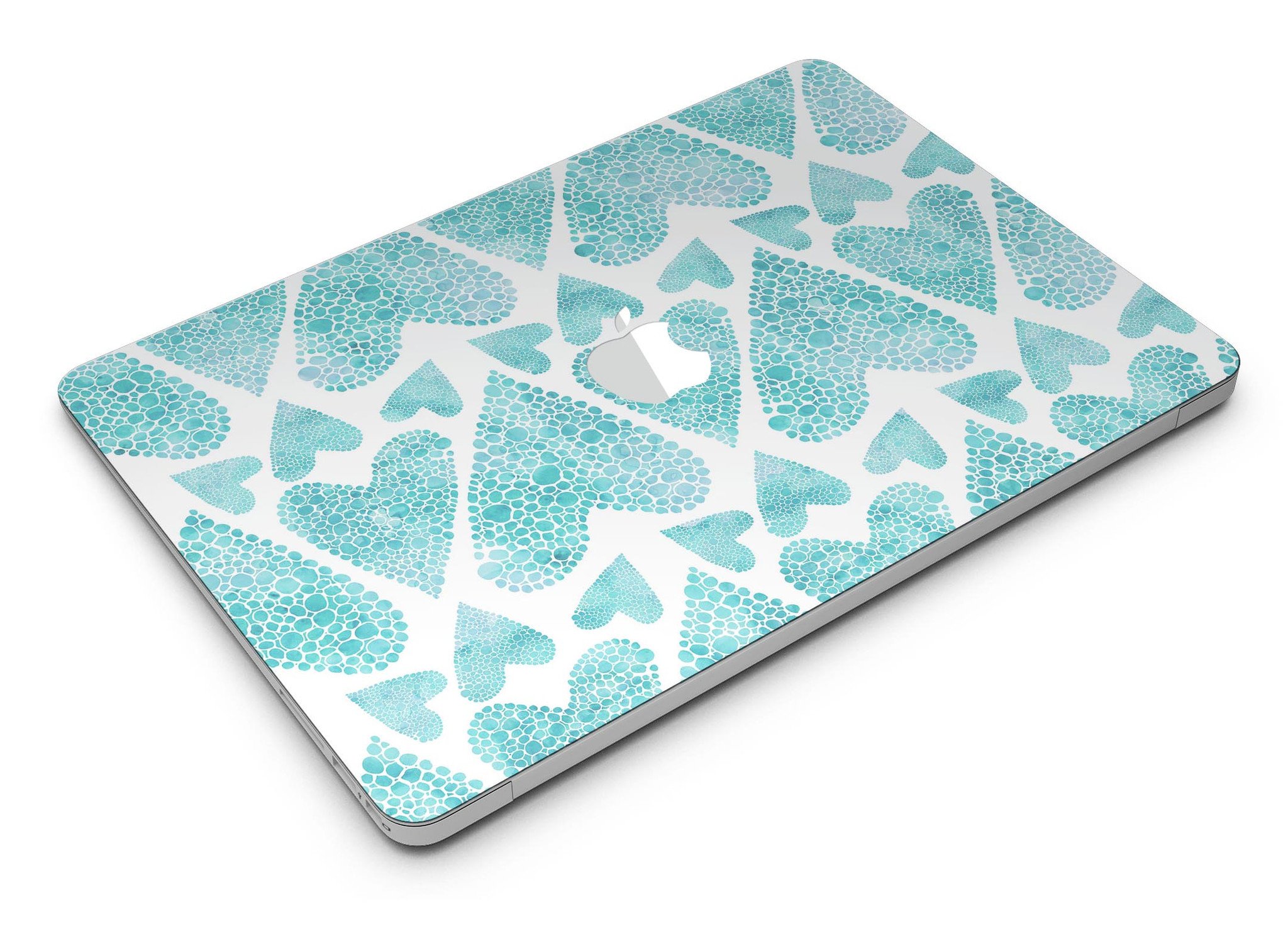 Green Watercolor Hearts Pattern MacBook Air Skin Kit showcasing vibrant heart designs on a sleek laptop surface.