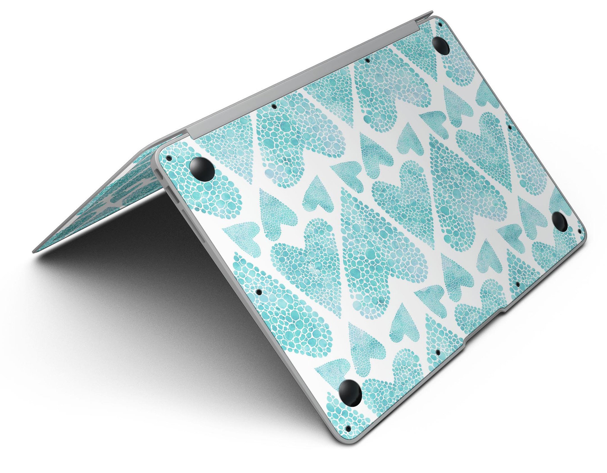 Green Watercolor Hearts Pattern MacBook Air Skin Kit showcasing vibrant heart designs on a sleek laptop surface.