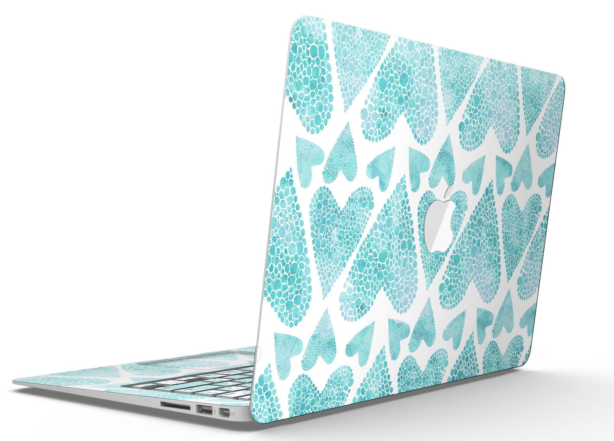 Green Watercolor Hearts Pattern MacBook Air Skin Kit showcasing vibrant heart designs on a sleek laptop surface.