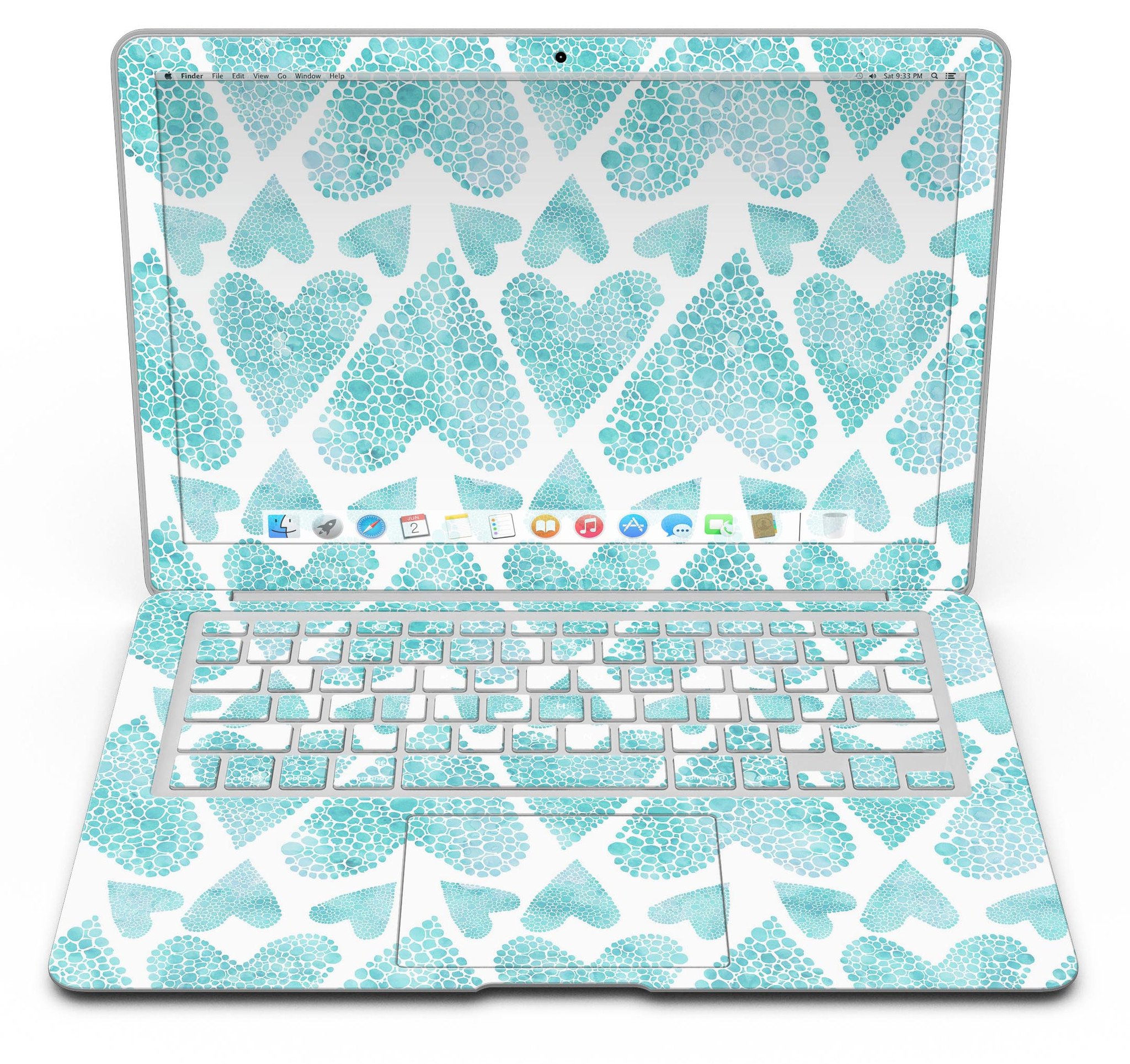 Green Watercolor Hearts Pattern MacBook Air Skin Kit showcasing vibrant heart designs on a sleek laptop surface.