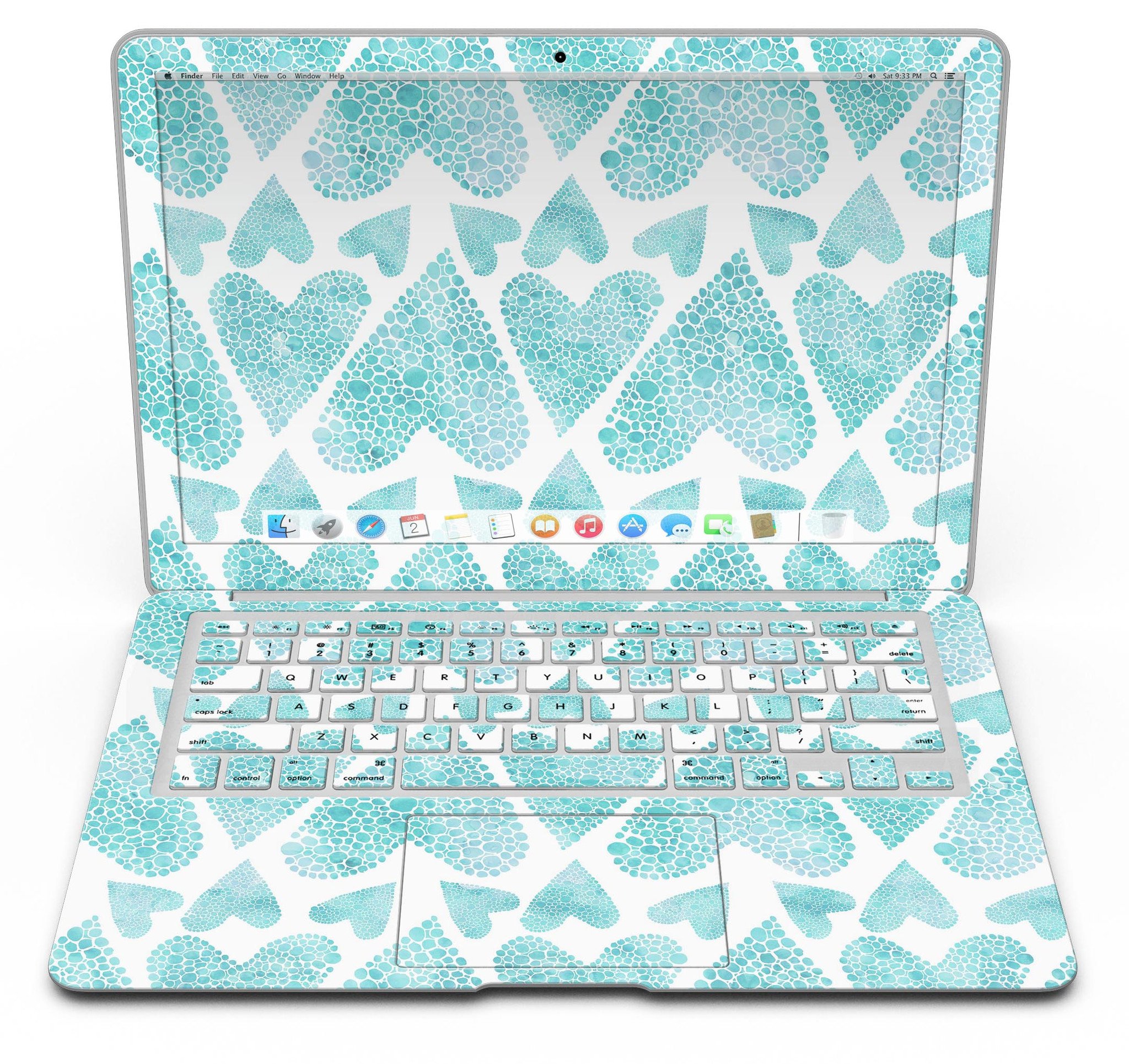 Green Watercolor Hearts Pattern MacBook Air Skin Kit showcasing vibrant heart designs on a sleek laptop surface.