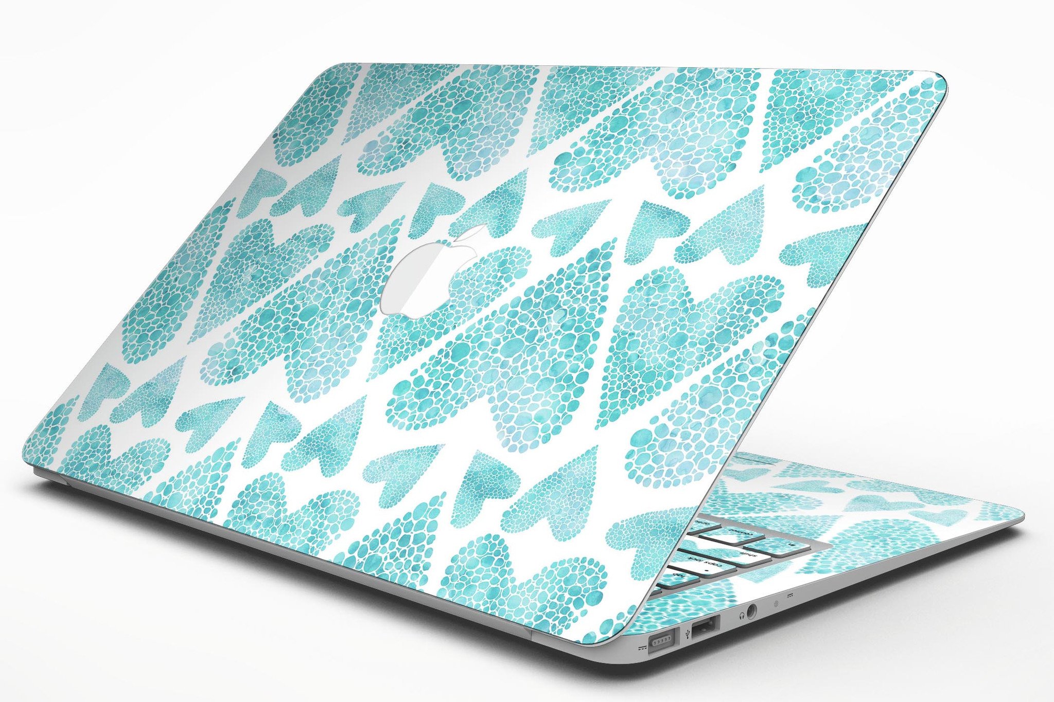 Green Watercolor Hearts Pattern MacBook Air Skin Kit showcasing vibrant heart designs on a sleek laptop surface.