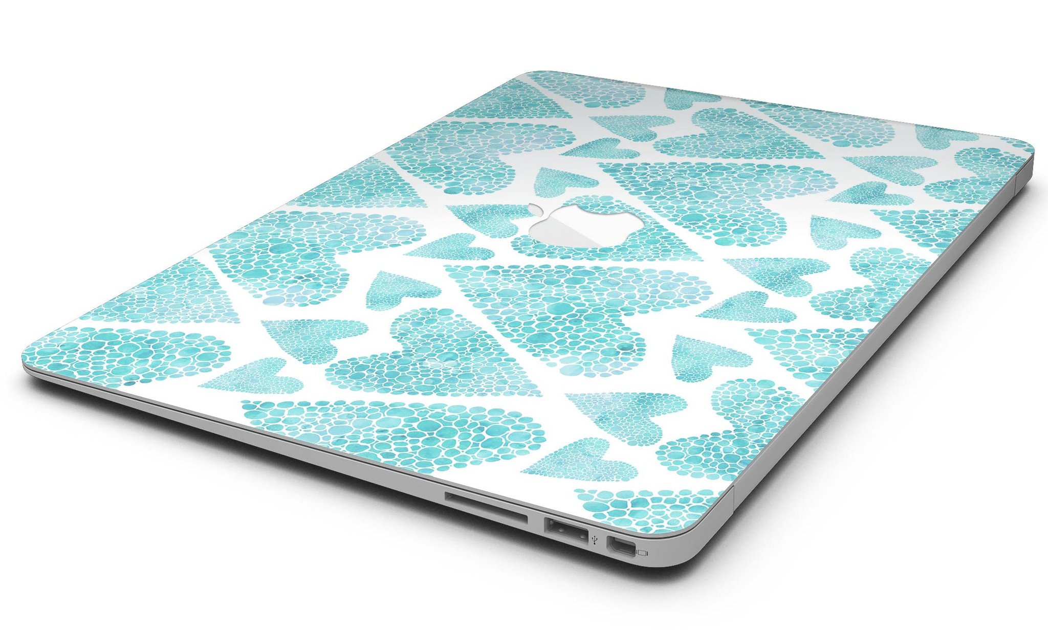 Green Watercolor Hearts Pattern MacBook Air Skin Kit showcasing vibrant heart designs on a sleek laptop surface.