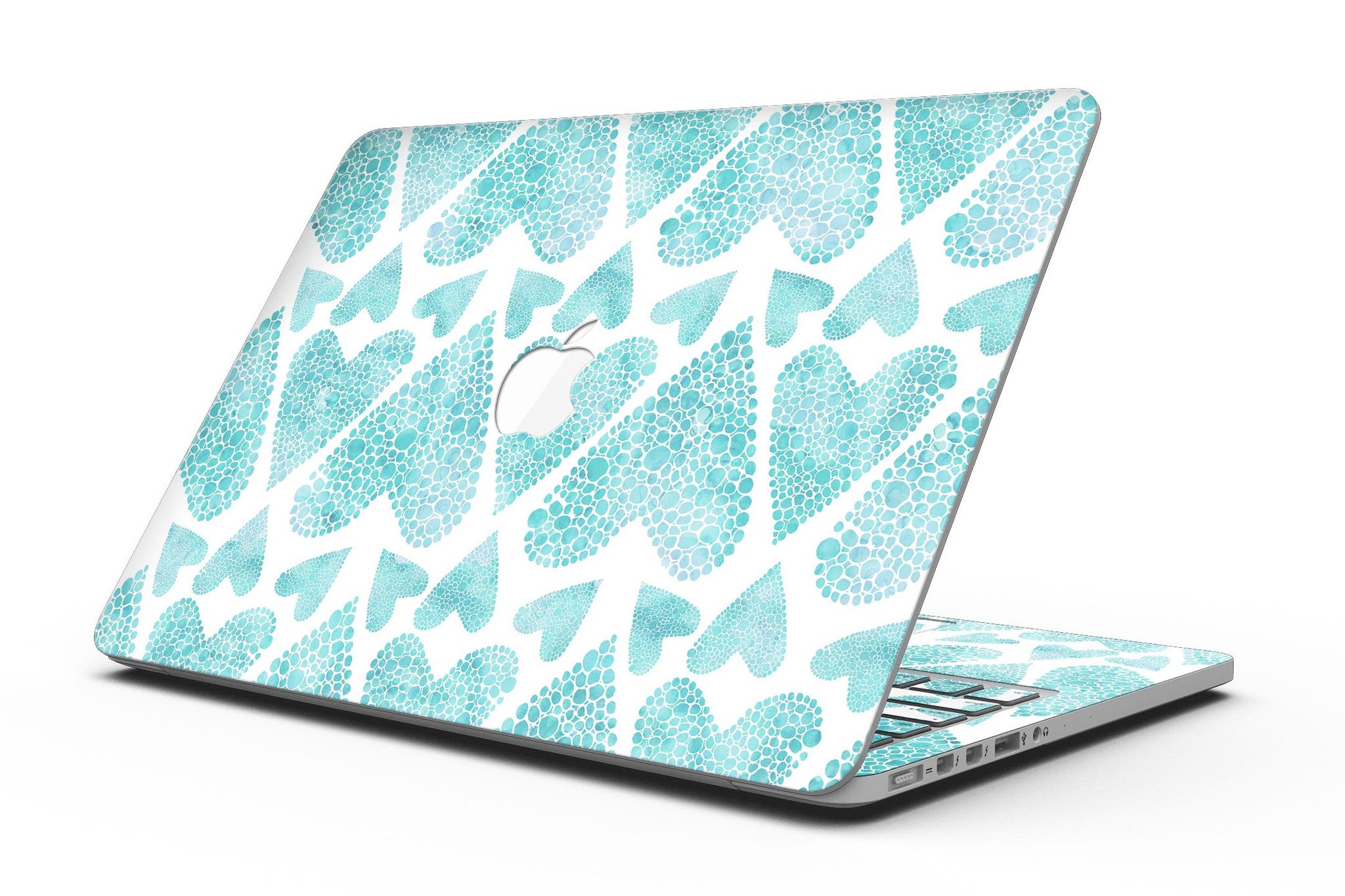 Green Watercolor Hearts Pattern skin for MacBook Pro with Retina Display, showcasing vibrant heart designs on a sleek surface.