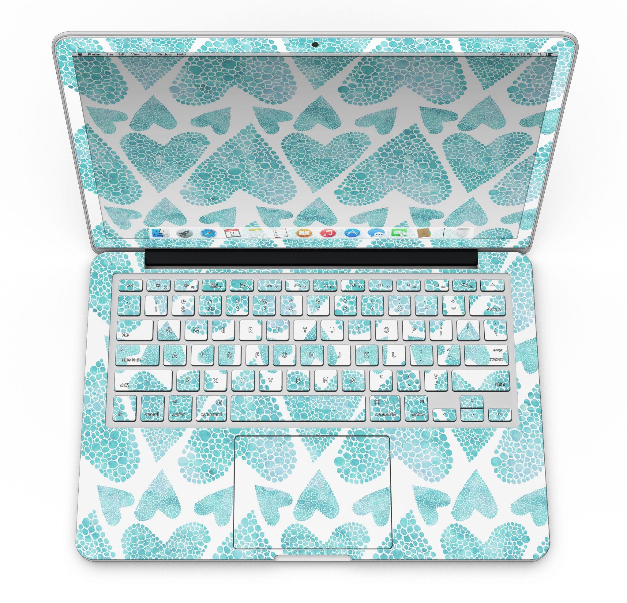 Green Watercolor Hearts Pattern skin for MacBook Pro with Retina Display, showcasing vibrant heart designs on a sleek surface.