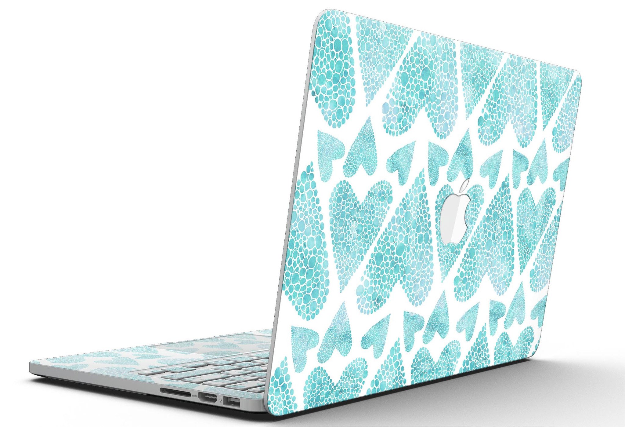 Green Watercolor Hearts Pattern skin for MacBook Pro with Retina Display, showcasing vibrant heart designs on a sleek surface.