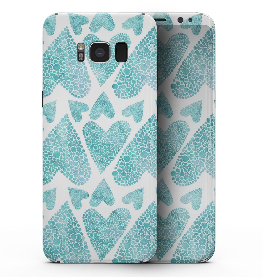 Samsung Galaxy S8 with a green watercolor hearts pattern skin, showcasing vibrant colors and artistic design.