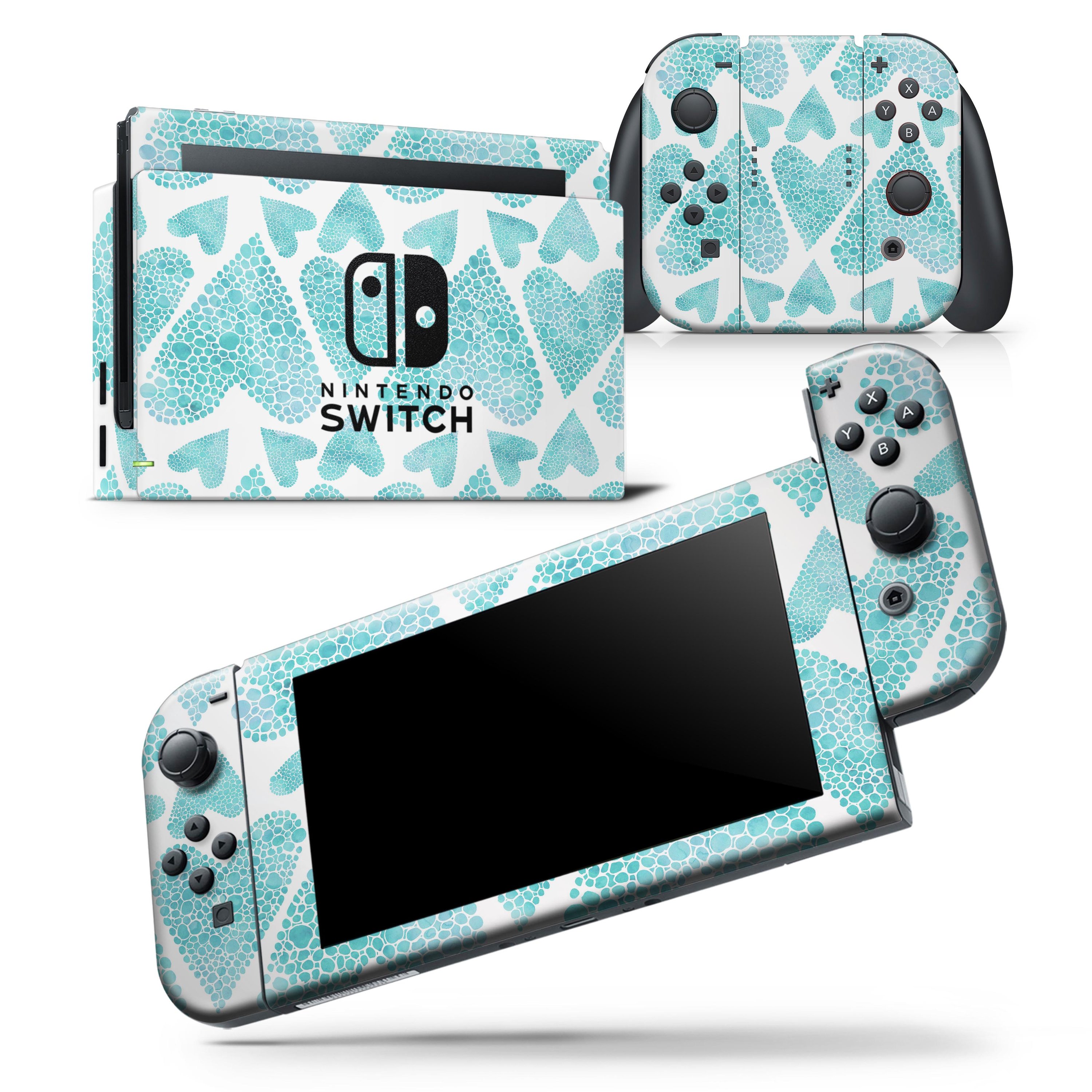 Green Watercolor Hearts Pattern skin wrap decal for Nintendo Switch, showcasing vibrant heart designs on a sleek surface.