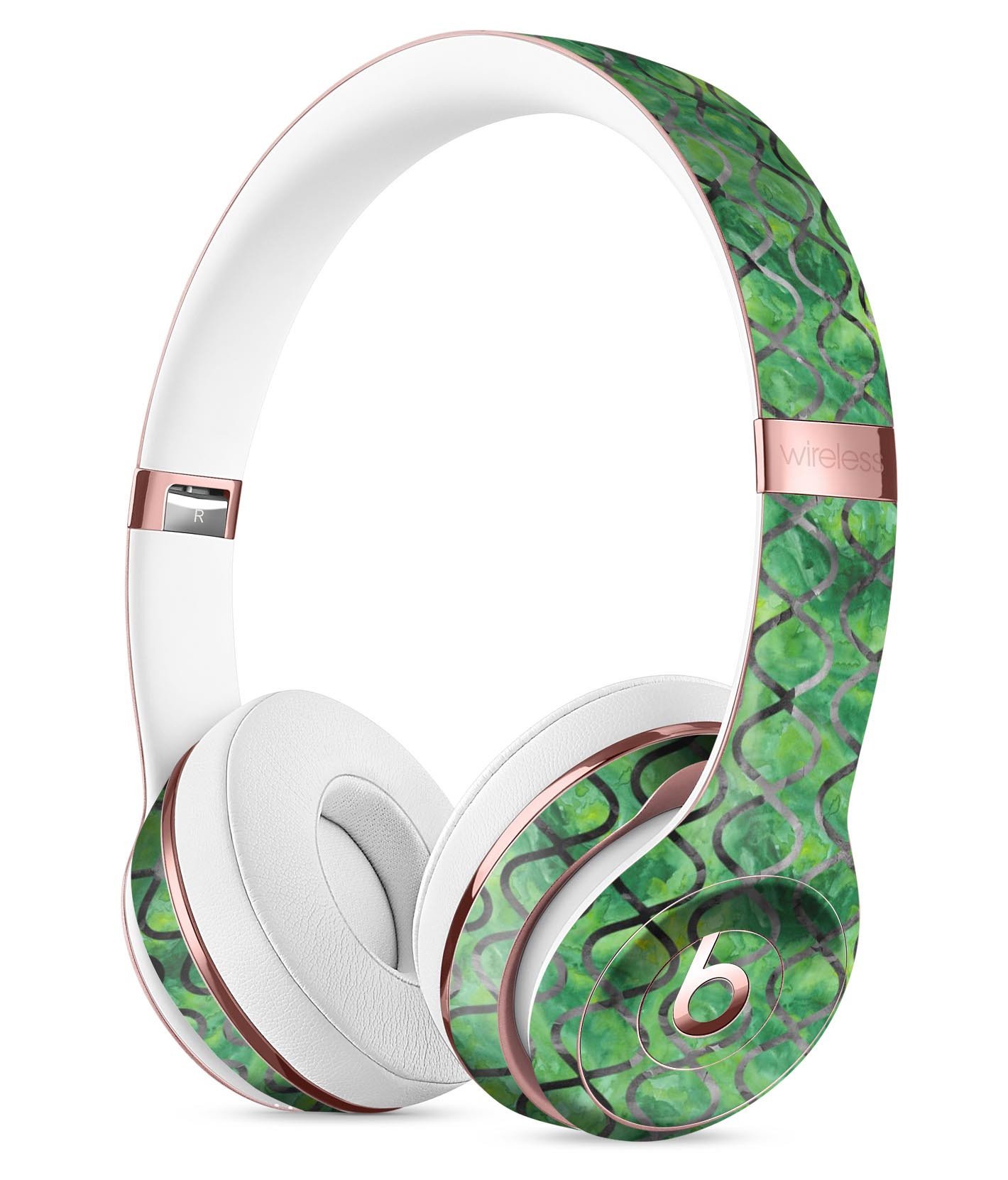 Green Watercolor Helix Pattern Skin Kit for Beats by Dre Solo 3 Wireless Headphones, showcasing vibrant colors and unique design.