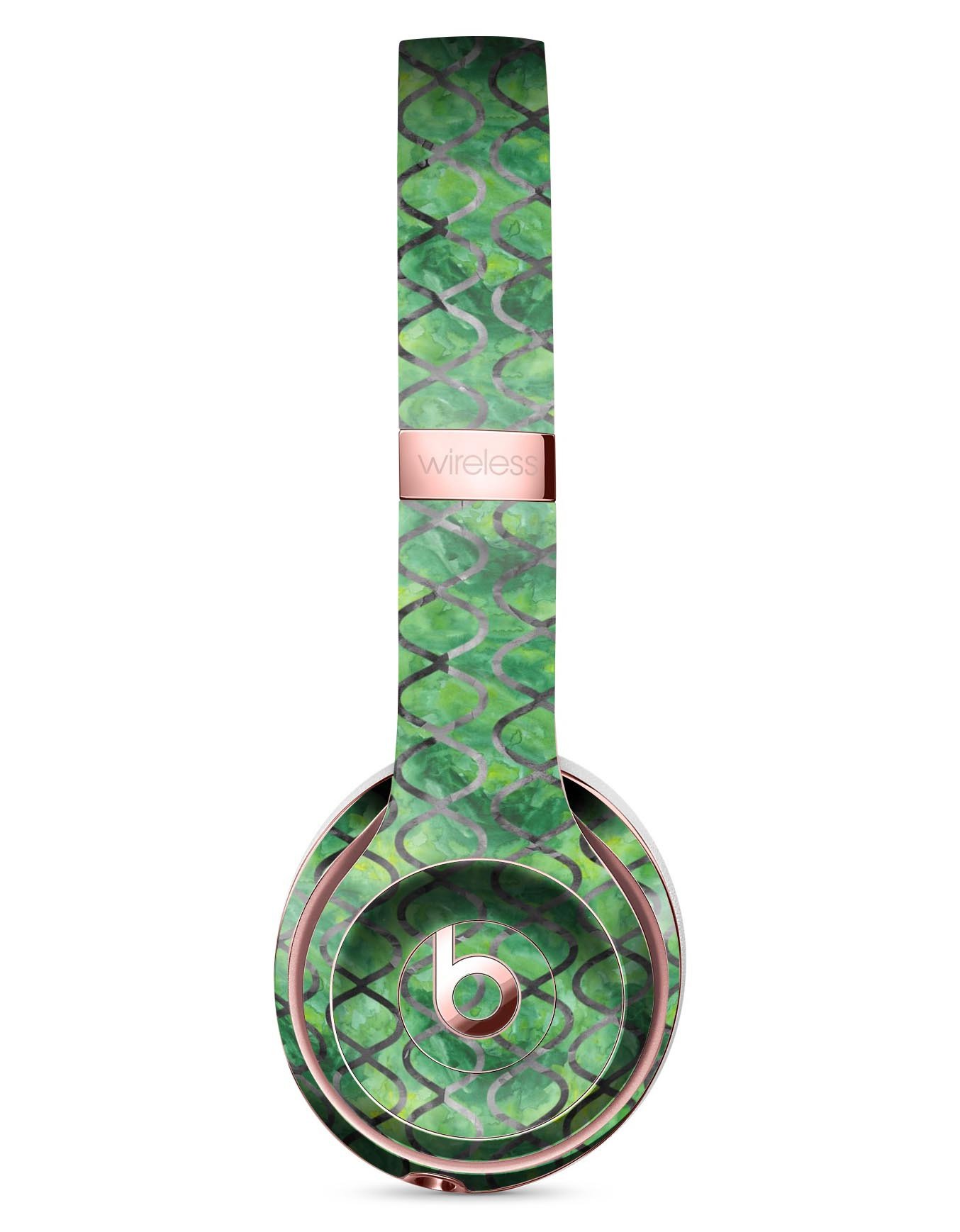 Green Watercolor Helix Pattern Skin Kit for Beats by Dre Solo 3 Wireless Headphones, showcasing vibrant colors and unique design.