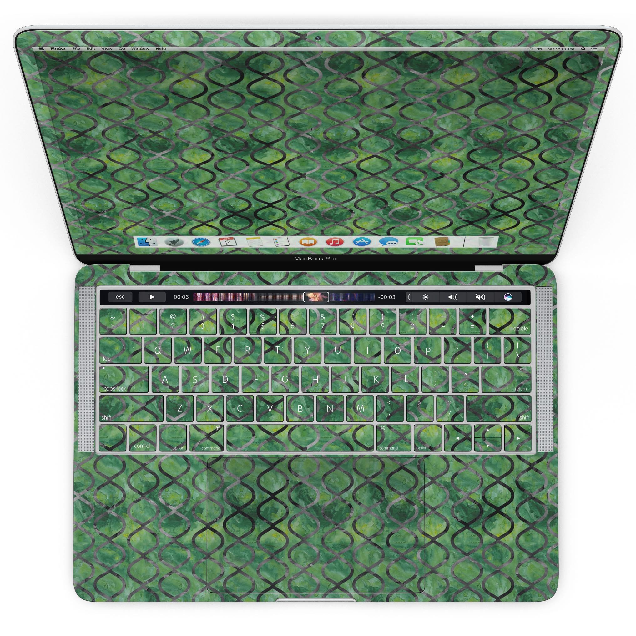 Green Watercolor Helix Pattern skin for MacBook Pro with Touch Bar, showcasing vibrant colors and unique design.