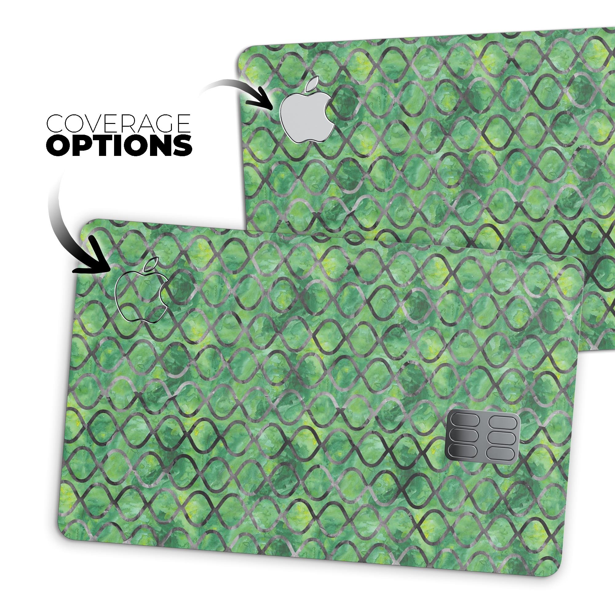 Green Watercolor Helix Pattern decal skin for Apple Card, showcasing vibrant colors and a protective design.