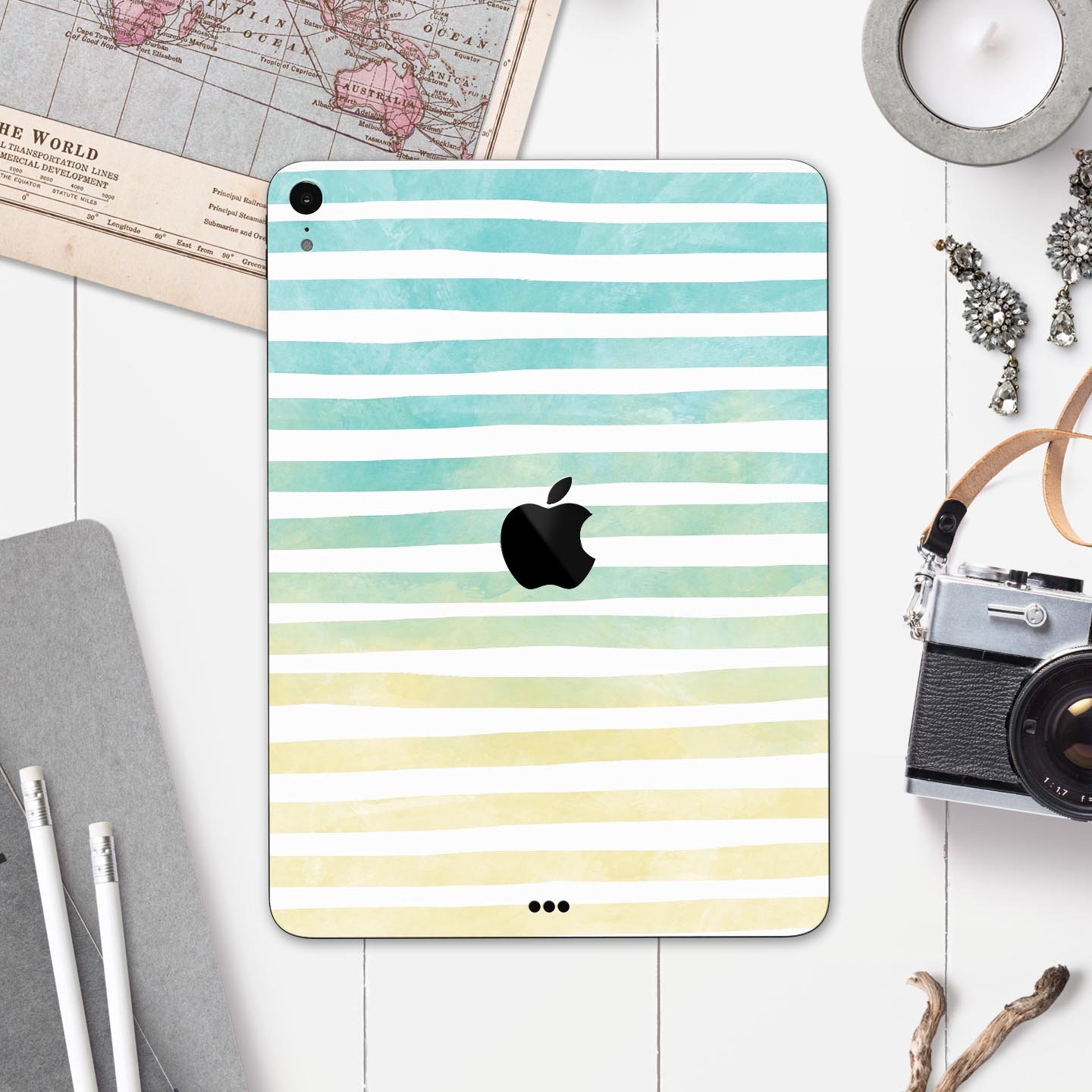 Green WaterColor Ombre Stripes full body skin decal for Apple devices, showcasing vibrant colors and a sleek design.