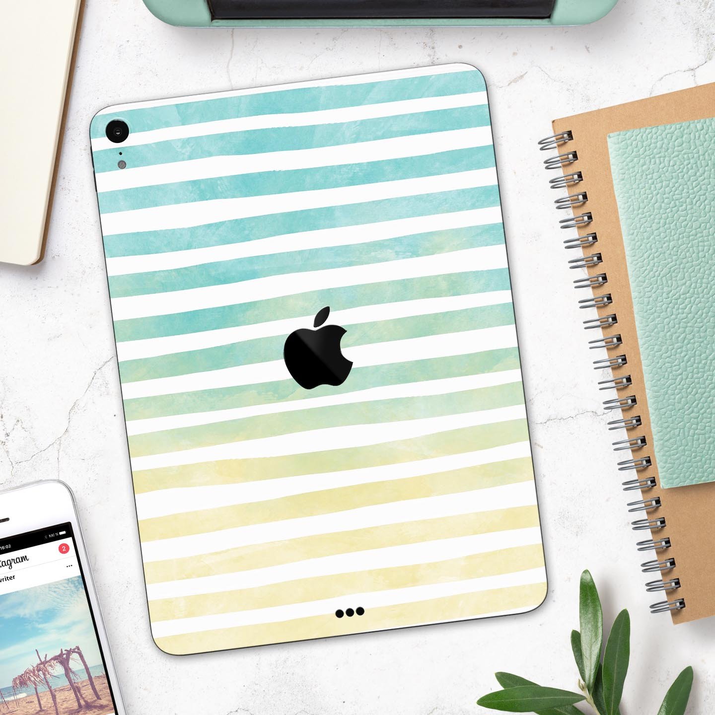 Green WaterColor Ombre Stripes full body skin decal for Apple devices, showcasing vibrant colors and a sleek design.