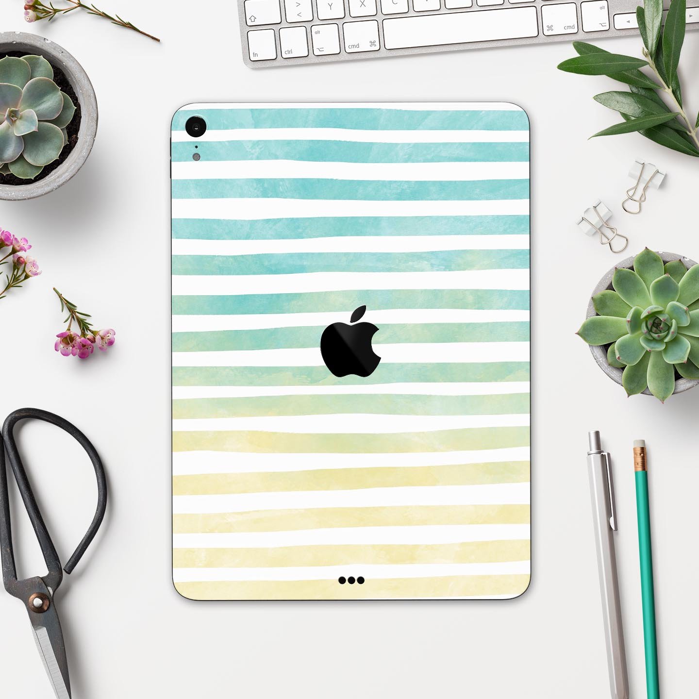 Green WaterColor Ombre Stripes full body skin decal for Apple devices, showcasing vibrant colors and a sleek design.