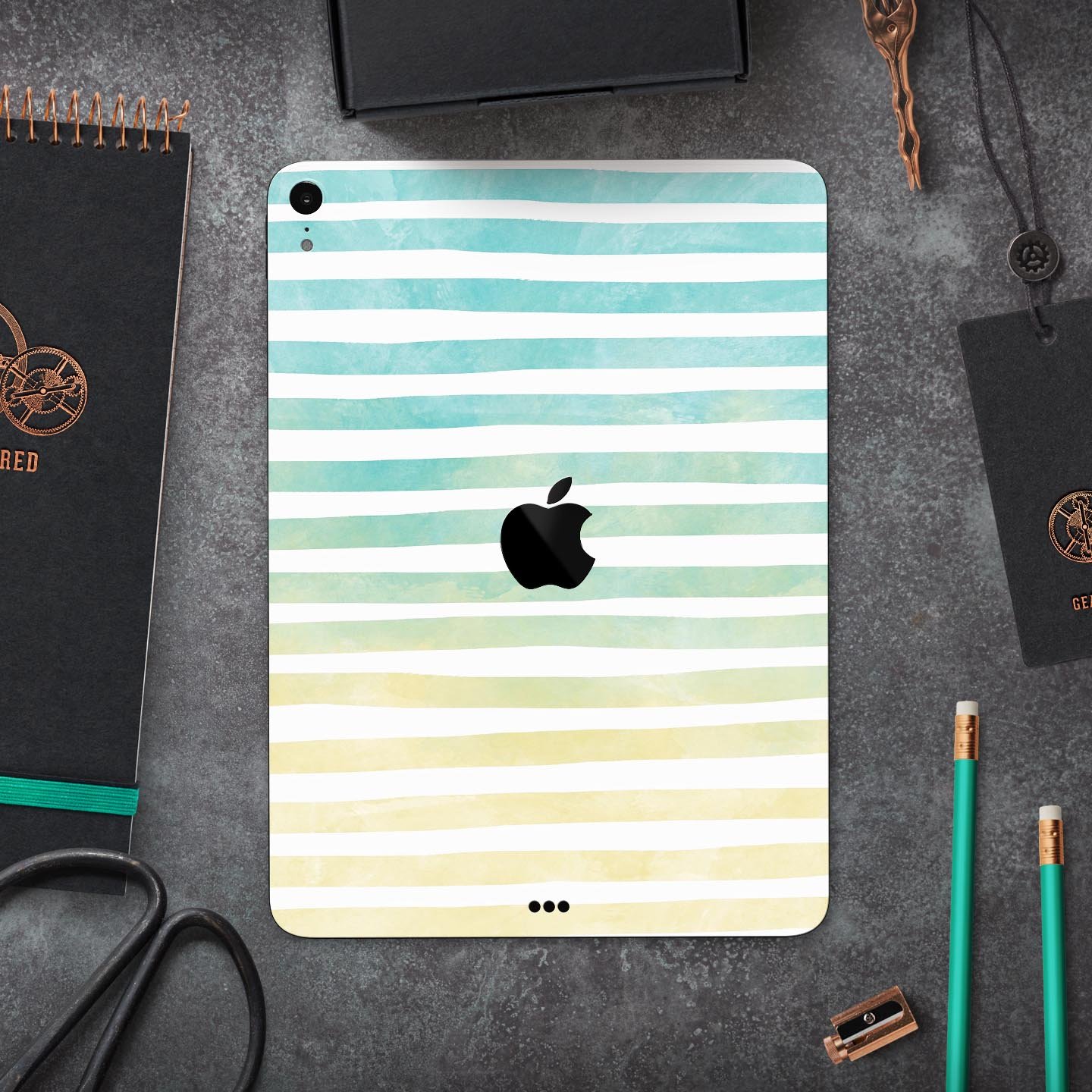 Green WaterColor Ombre Stripes full body skin decal for Apple devices, showcasing vibrant colors and a sleek design.