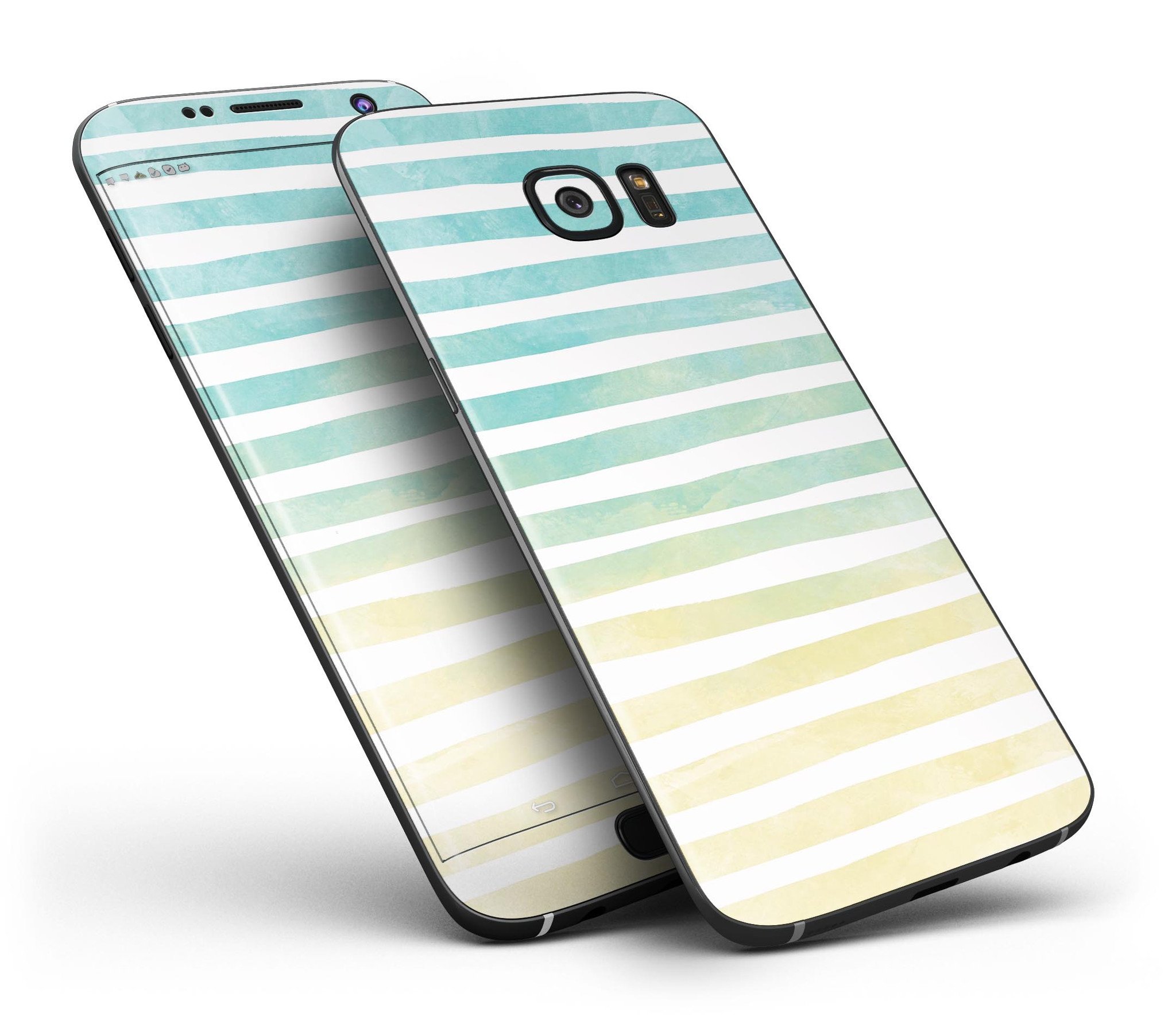 Green WaterColor Ombre Stripes skin kit for Samsung Galaxy S7/S7 Edge, showcasing vibrant colors and premium vinyl material.