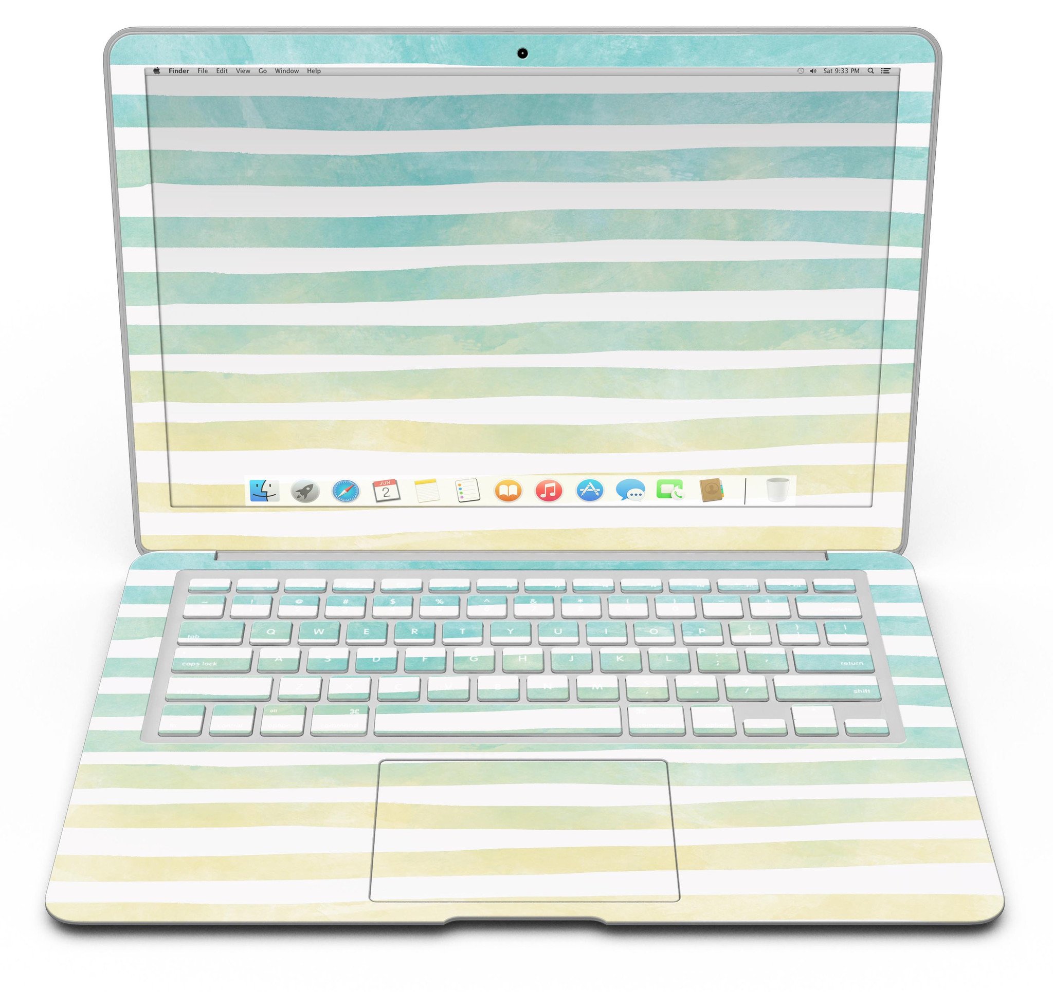 Green WaterColor Ombre Stripes MacBook Air Skin Kit showcasing vibrant colors and stylish design.