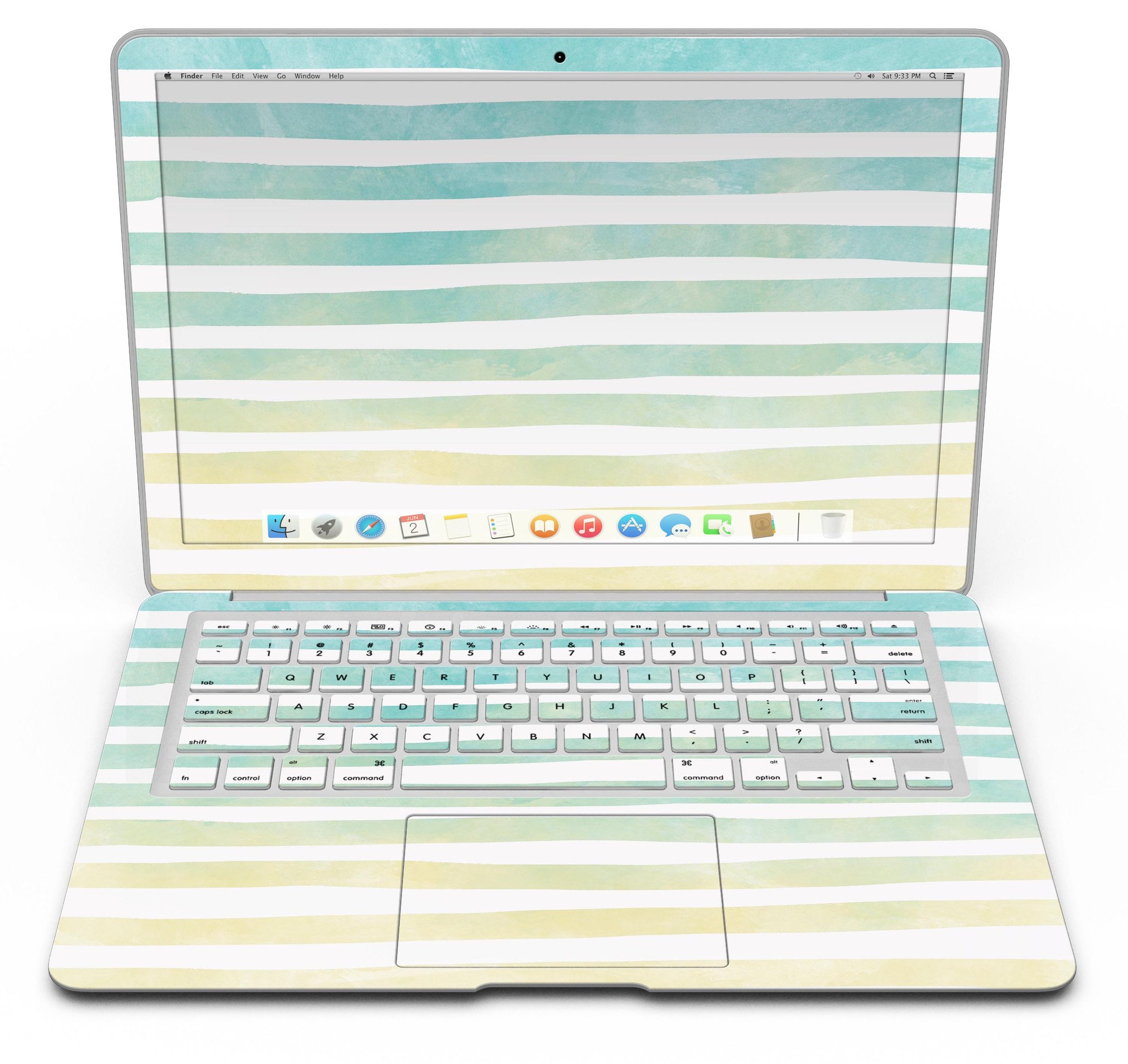 Green WaterColor Ombre Stripes MacBook Air Skin Kit showcasing vibrant colors and stylish design.