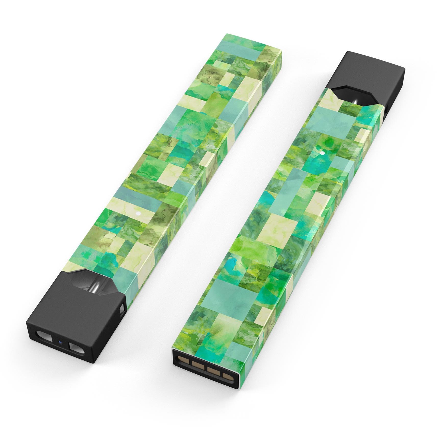 Green Watercolor Patchwork skin wrap for JUUL vaping device, showcasing vibrant colors and precise cut.