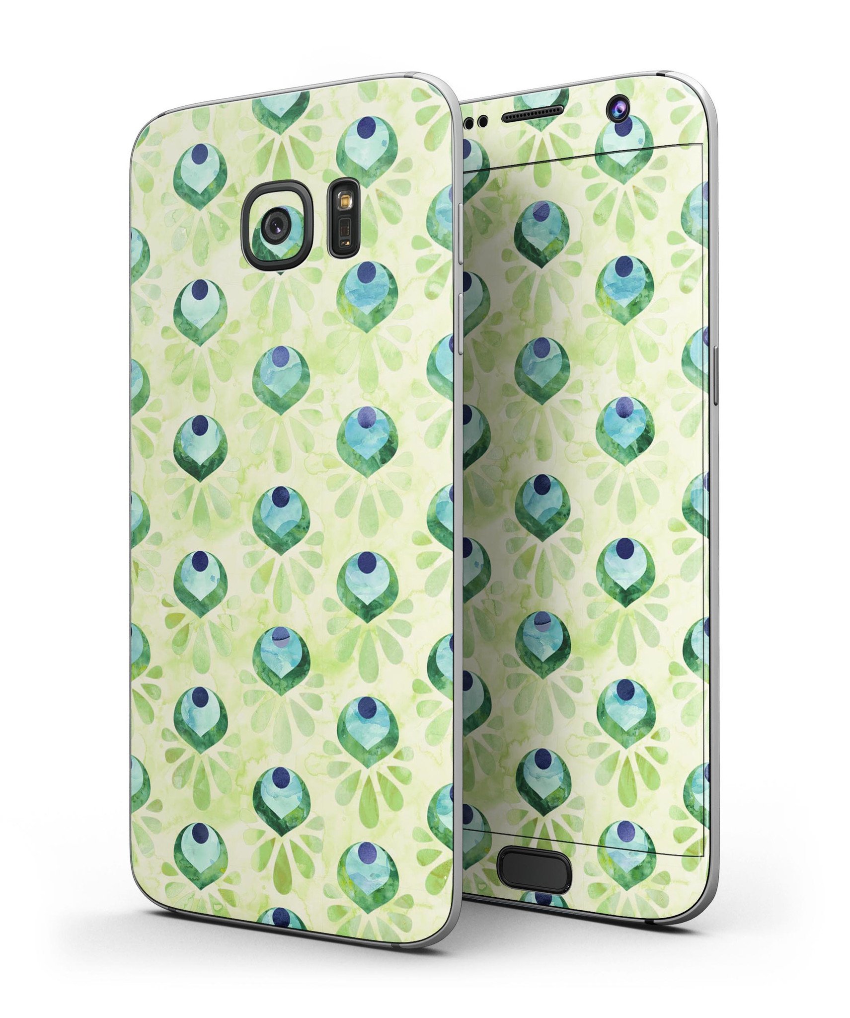 Green Watercolor Peacock Feathers skin for Samsung Galaxy S7/S7 Edge, showcasing vibrant colors and intricate feather designs.