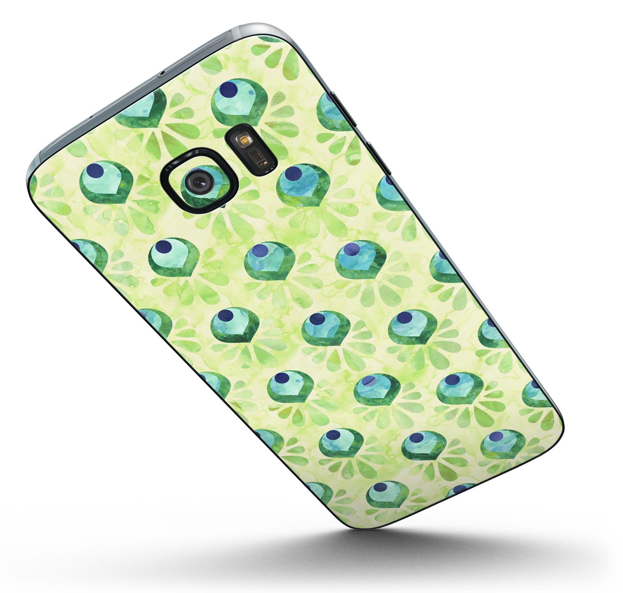 Green Watercolor Peacock Feathers skin for Samsung Galaxy S7/S7 Edge, showcasing vibrant colors and intricate feather designs.