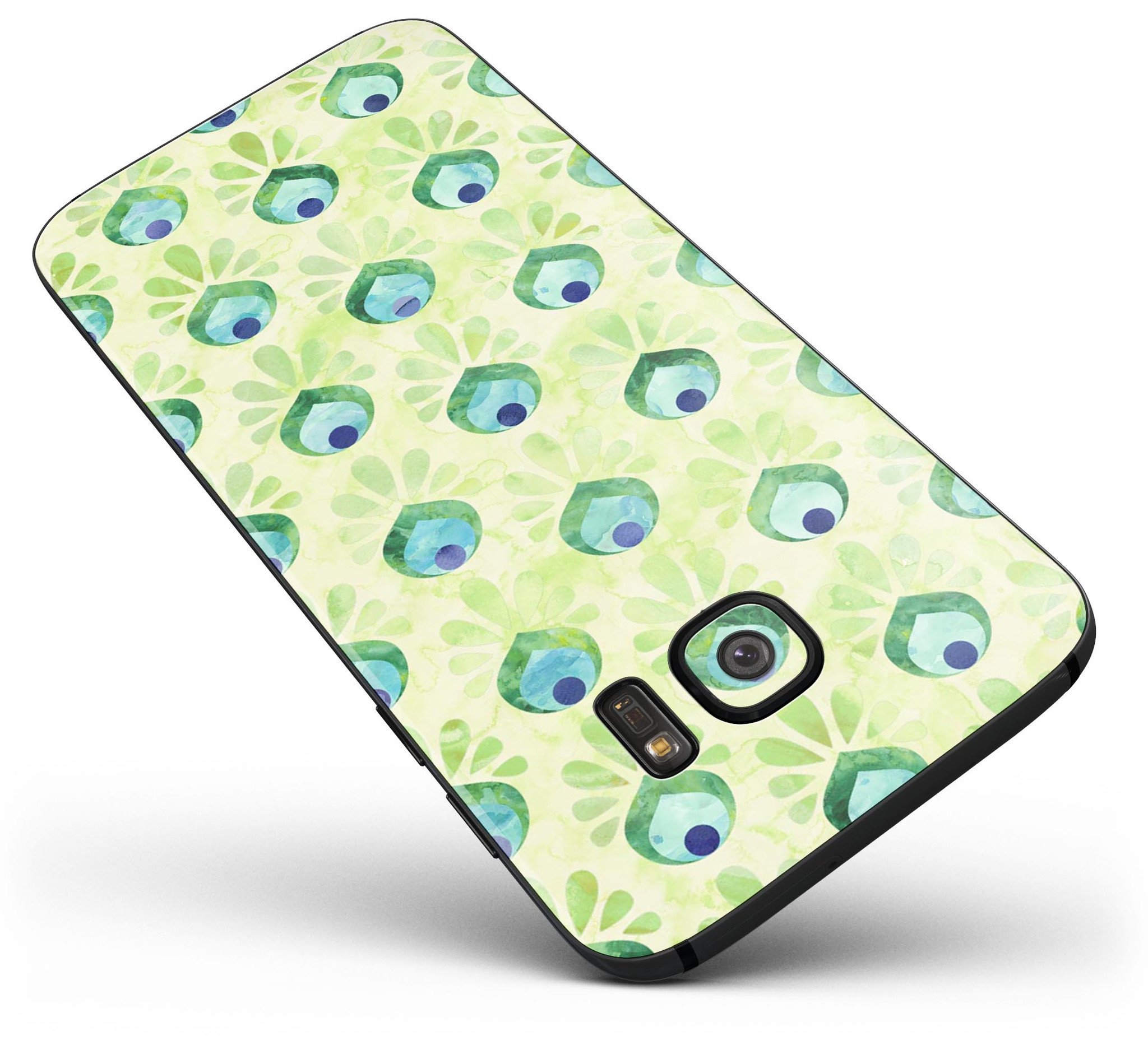 Green Watercolor Peacock Feathers skin for Samsung Galaxy S7/S7 Edge, showcasing vibrant colors and intricate feather designs.