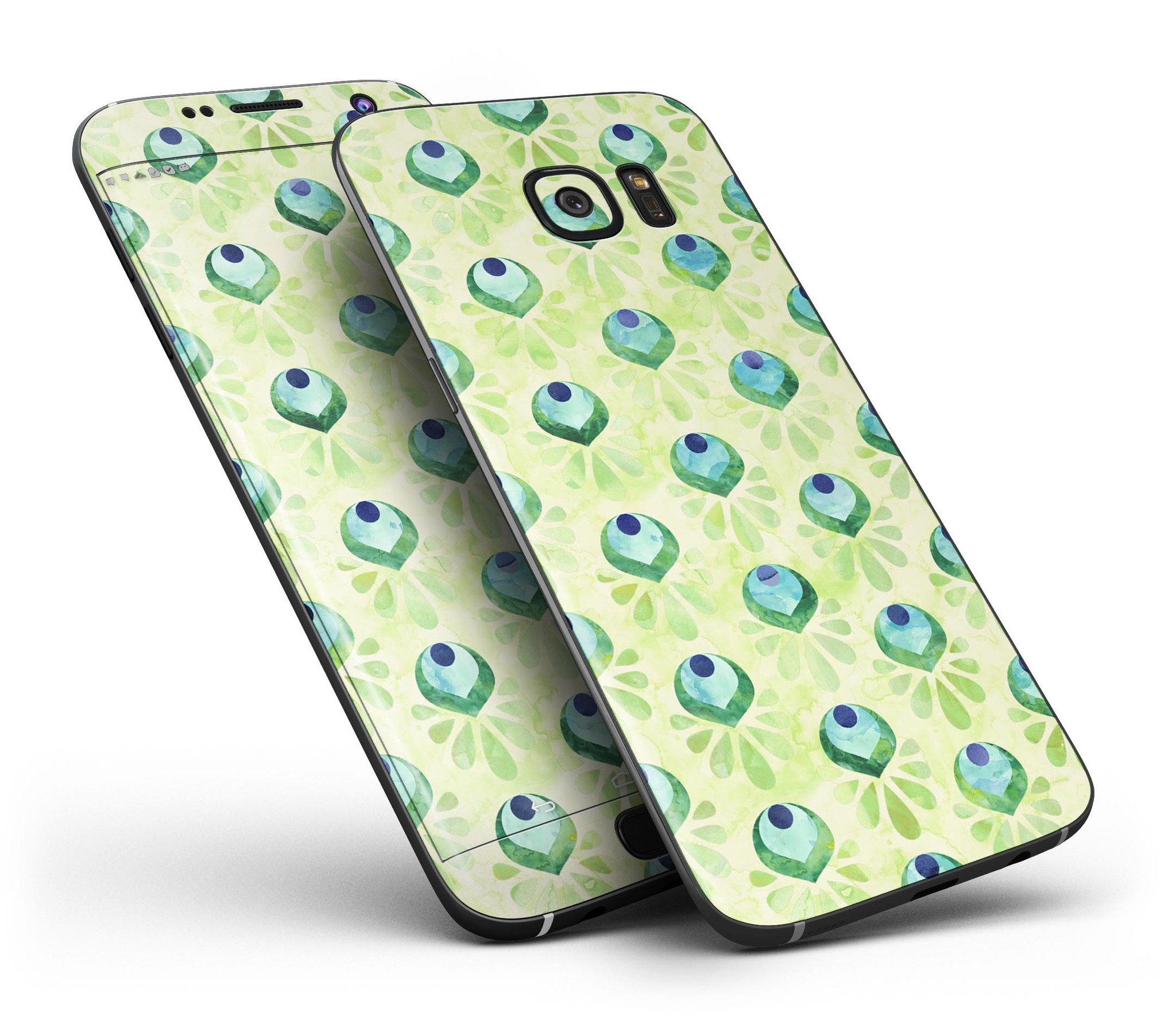 Green Watercolor Peacock Feathers skin for Samsung Galaxy S7/S7 Edge, showcasing vibrant colors and intricate feather designs.