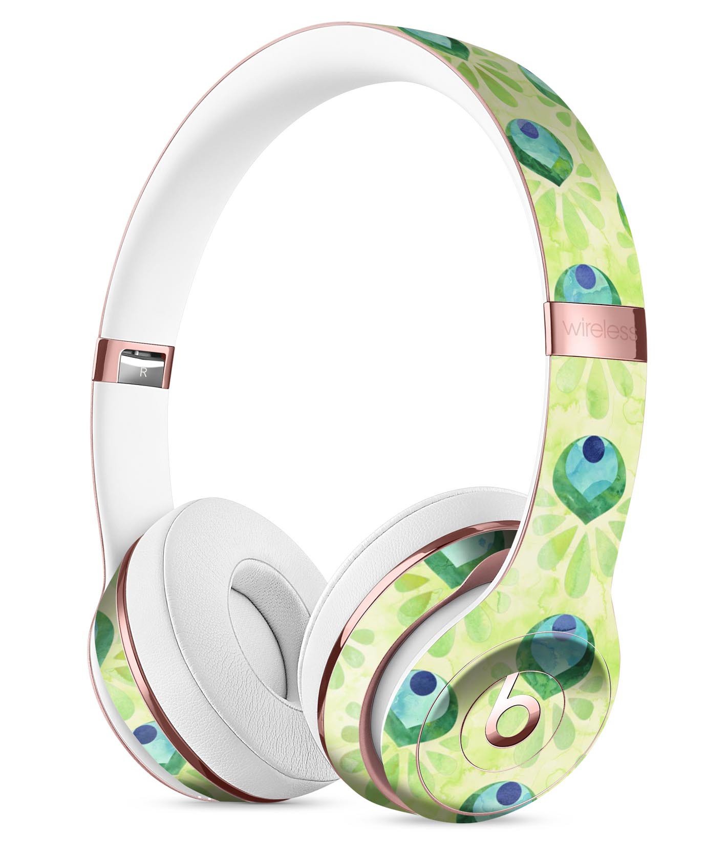 Green Watercolor Peacock Feathers Skin Kit for Beats by Dre Solo 3 Wireless Headphones, showcasing vibrant colors and intricate design.