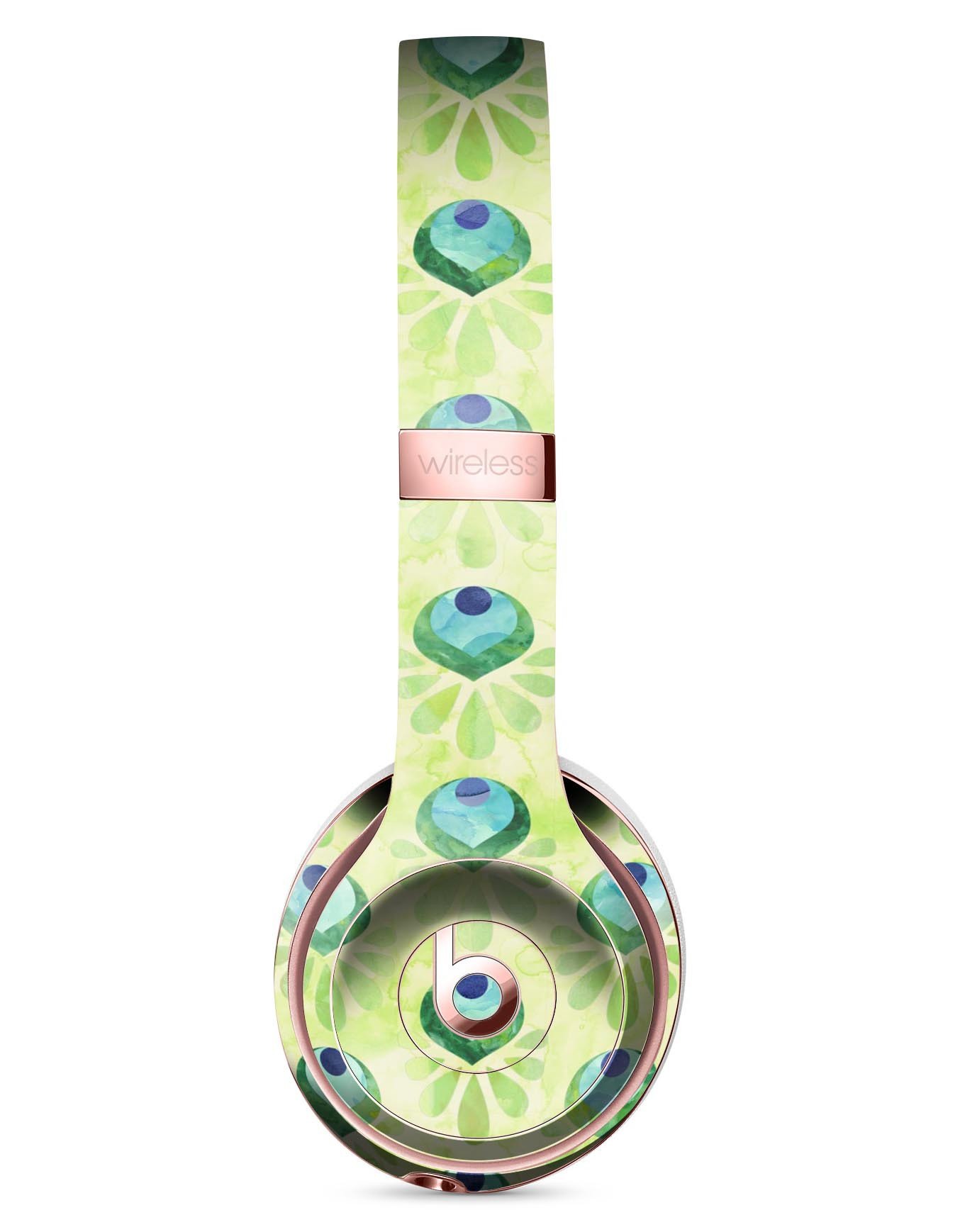 Green Watercolor Peacock Feathers Skin Kit for Beats by Dre Solo 3 Wireless Headphones, showcasing vibrant colors and intricate design.