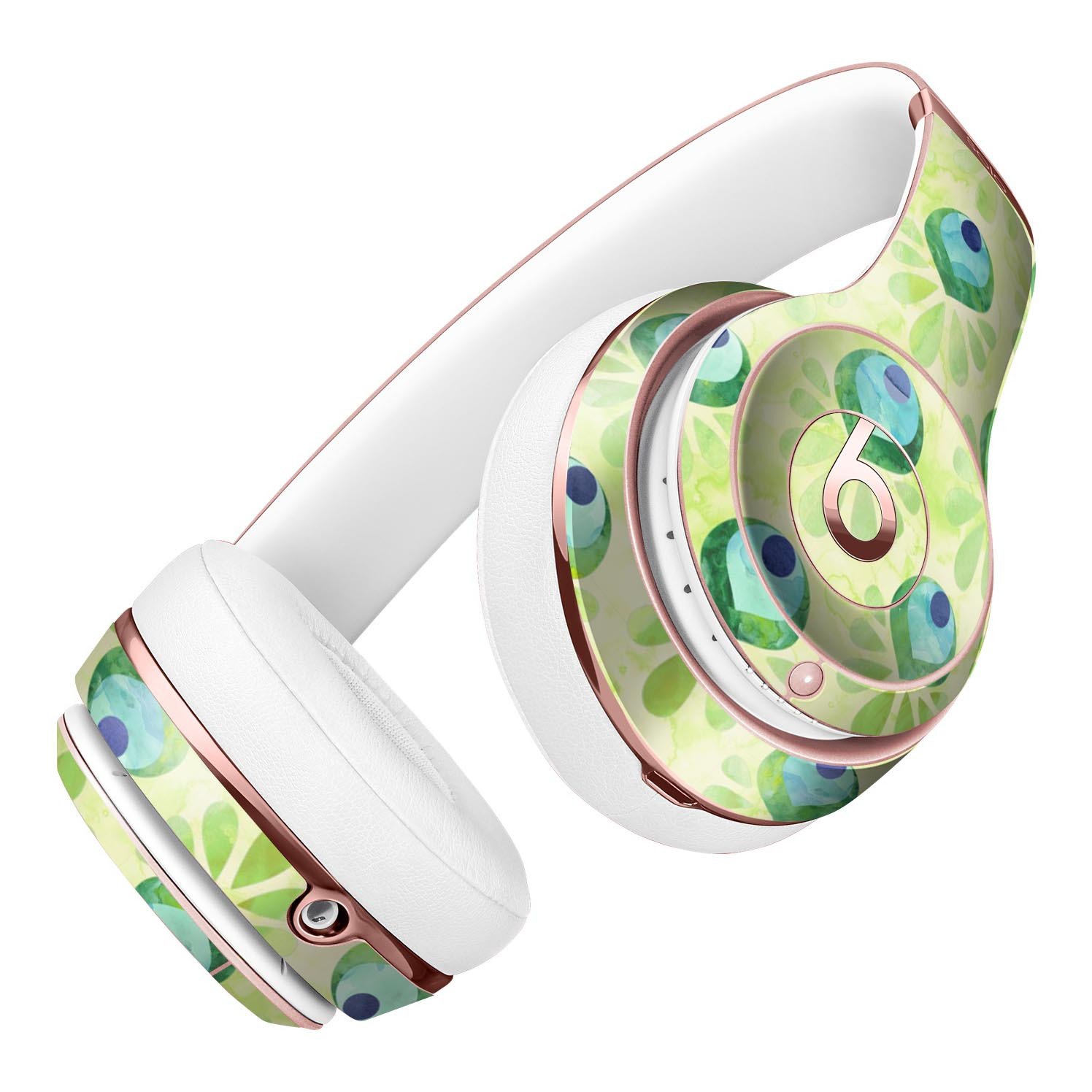 Green Watercolor Peacock Feathers Skin Kit for Beats by Dre Solo 3 Wireless Headphones, showcasing vibrant colors and intricate design.