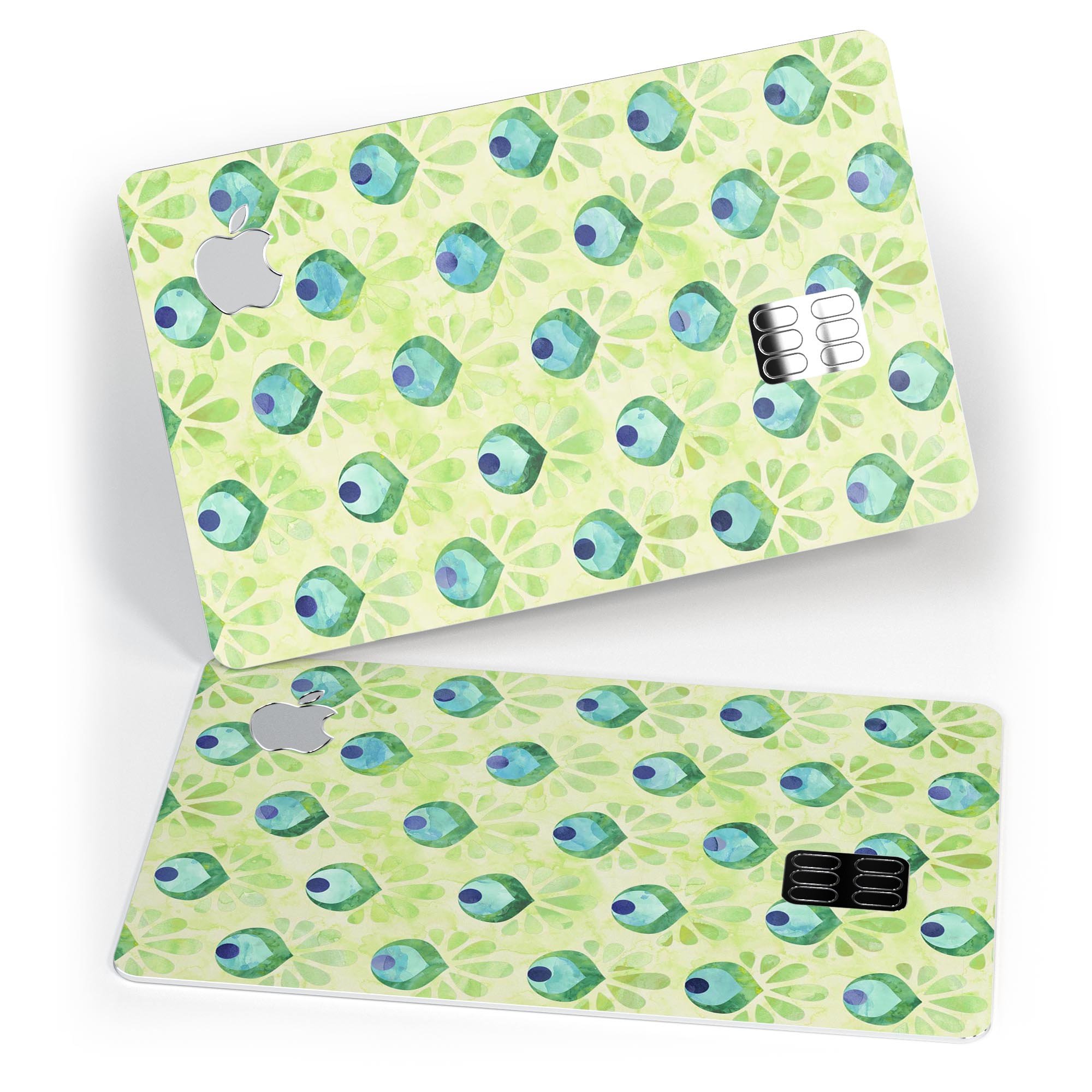 Green Watercolor Peacock Feathers decal skin for Apple Card, showcasing vibrant colors and intricate feather design.