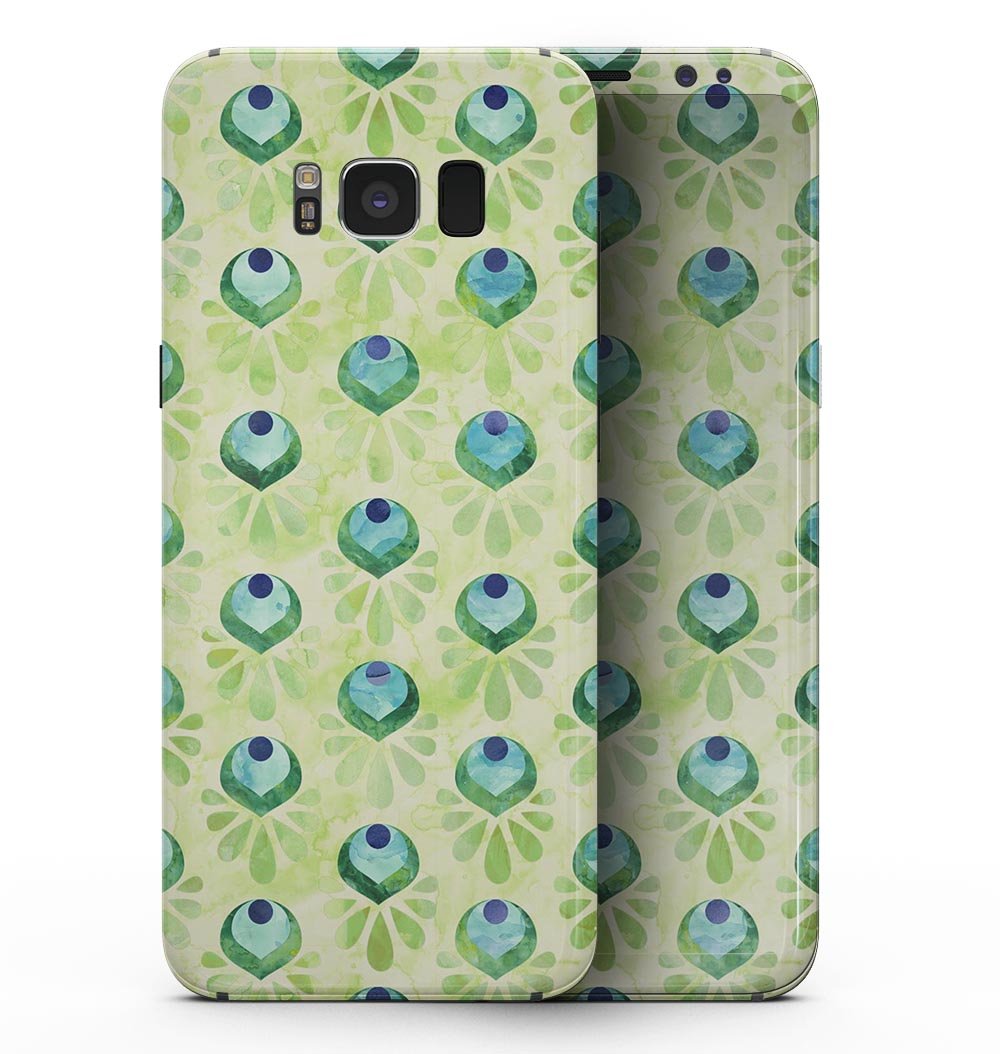 Green Watercolor Peacock Feathers full-body skin for Samsung Galaxy S8, showcasing vibrant colors and intricate feather patterns.