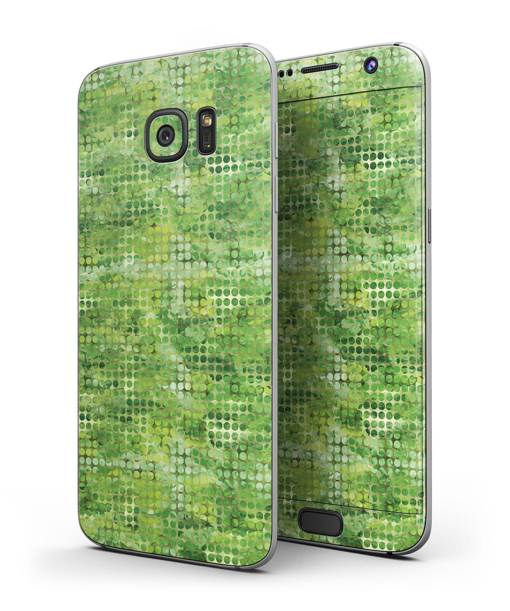 Green Watercolor Polka Dots skin kit for Samsung Galaxy S7 and S7 Edge, showcasing vibrant colors and stylish design.