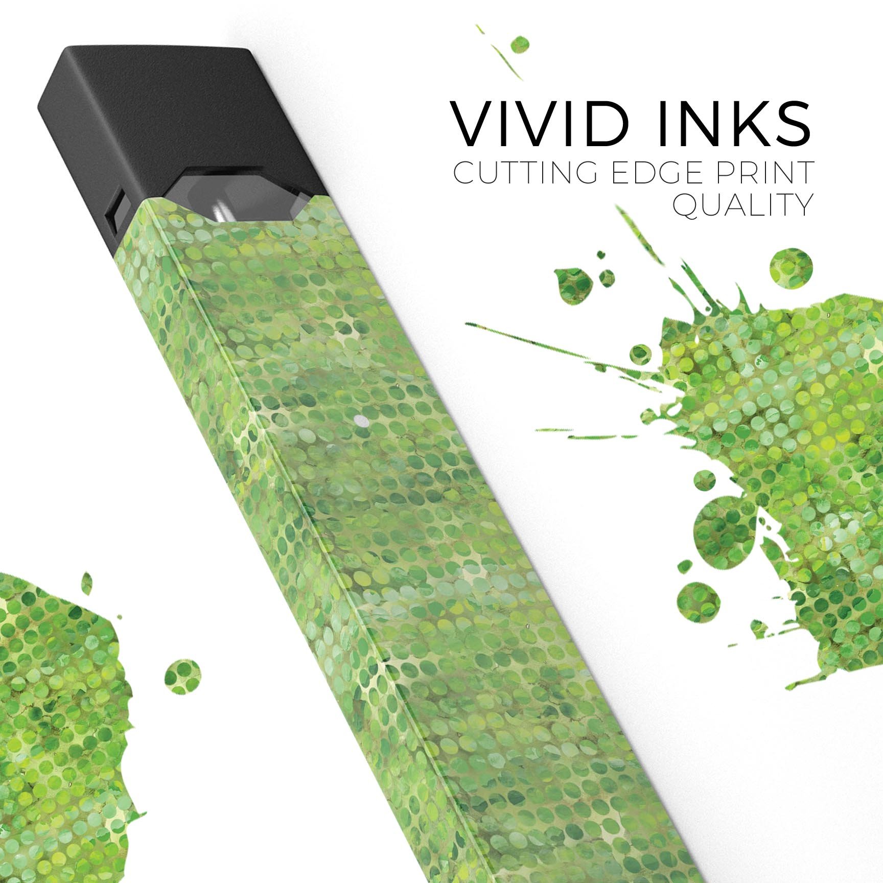 Green Watercolor Polka Dots skin-wrap for JUUL vaping device, showcasing vibrant colors and polka dot pattern.