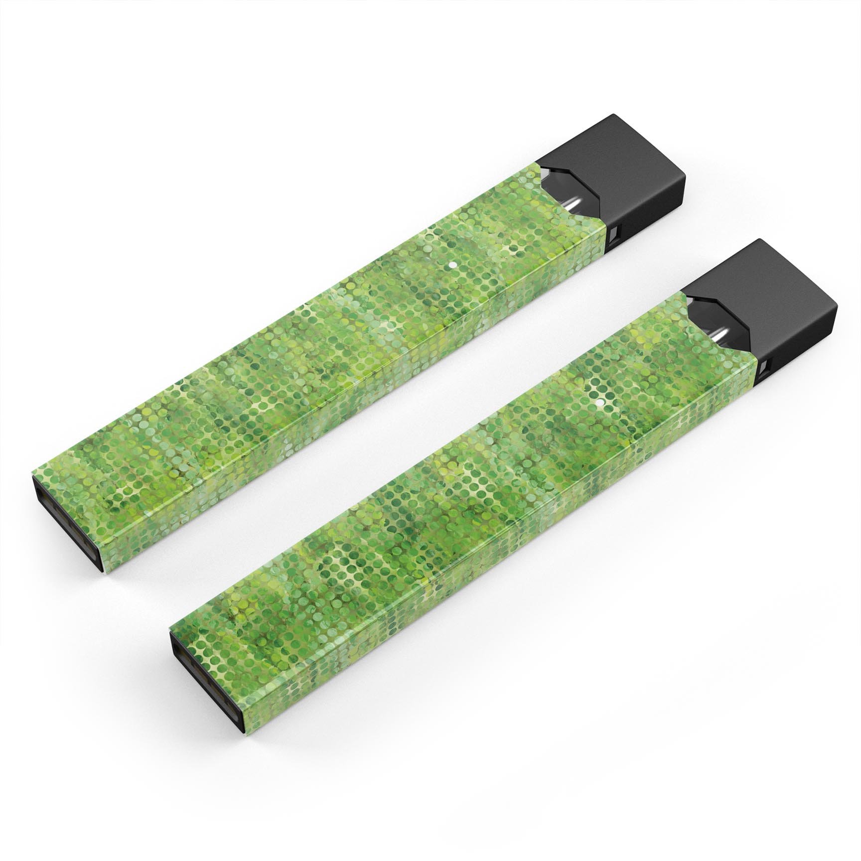 Green Watercolor Polka Dots skin-wrap for JUUL vaping device, showcasing vibrant colors and polka dot pattern.