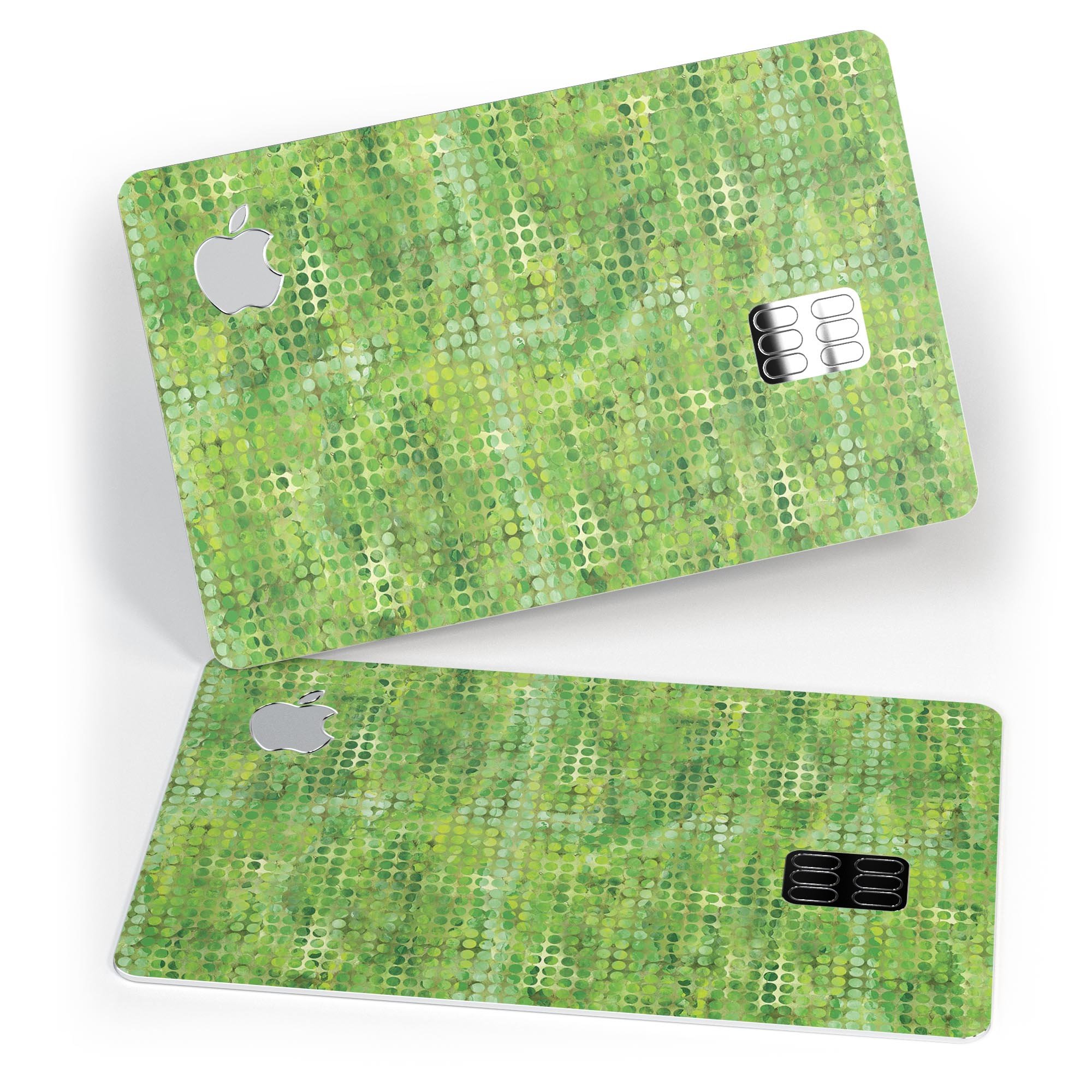 Green Watercolor Polka Dots decal skin for Apple Card, showcasing vibrant colors and a stylish design.