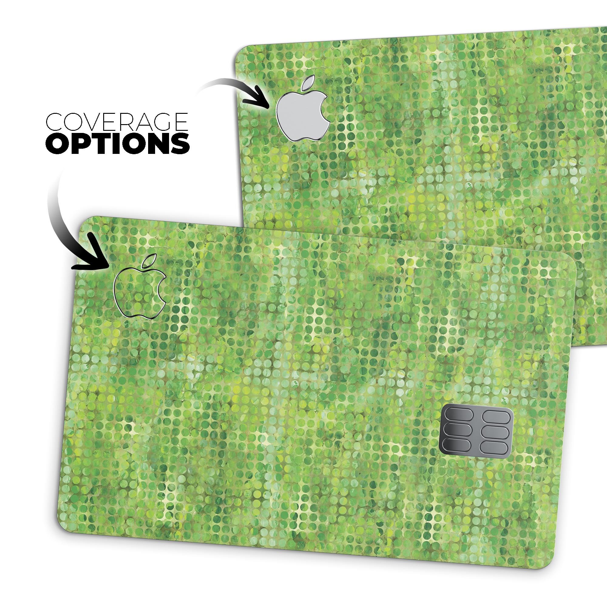 Green Watercolor Polka Dots decal skin for Apple Card, showcasing vibrant colors and a stylish design.