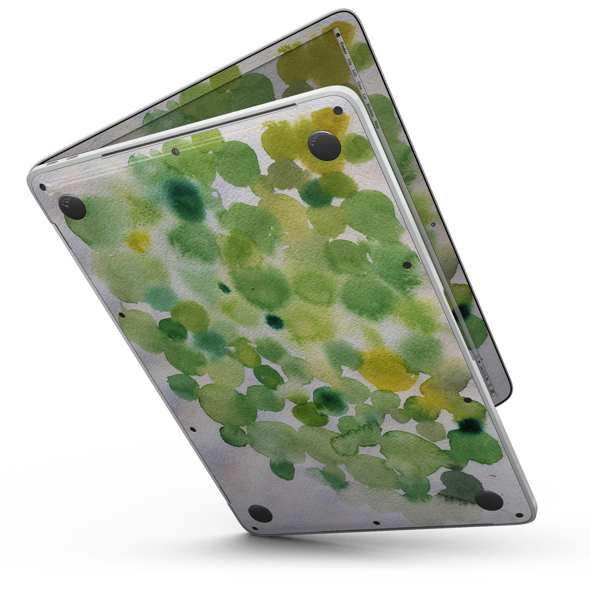 Green WaterColor Texture skin kit for 13" MacBook Pro without Touch Bar, showcasing vibrant colors and premium vinyl material.