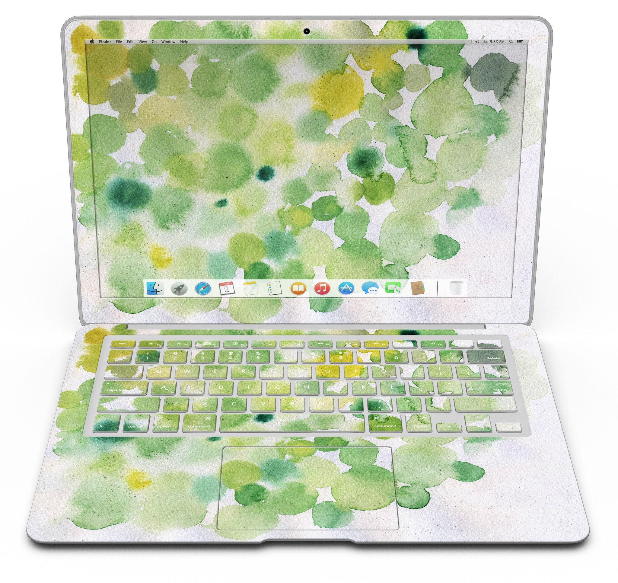 Green WaterColor Texture MacBook Air Skin Kit showcasing vibrant watercolor design on a sleek laptop.