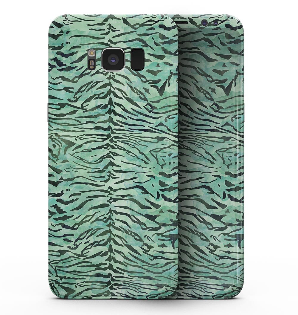 Samsung Galaxy S8 with a vibrant green watercolor tiger pattern skin, showcasing its sleek design and full-body coverage.