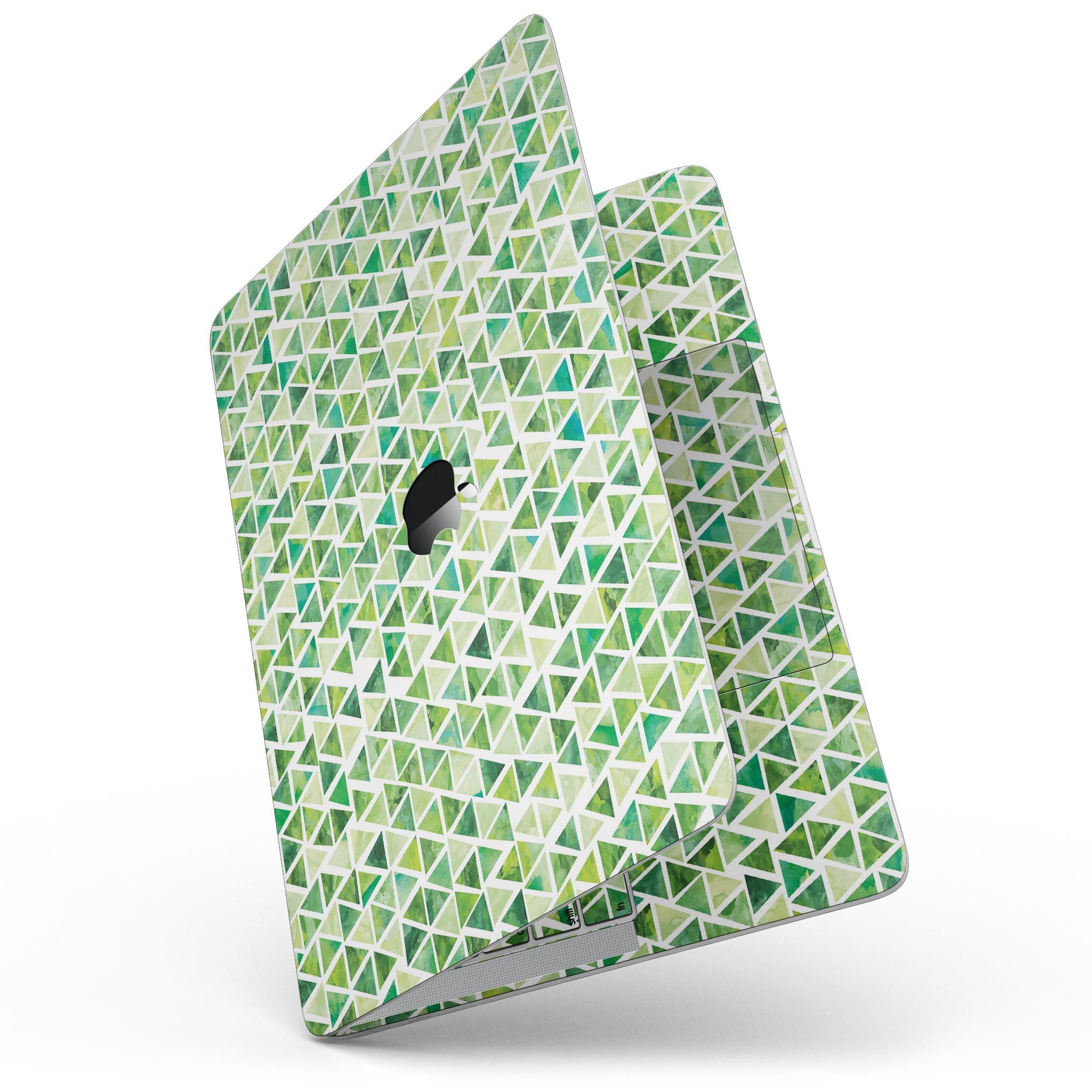 Green Watercolor Triangle Pattern skin for 13" MacBook Pro without Touch Bar, showcasing vibrant colors and unique design.