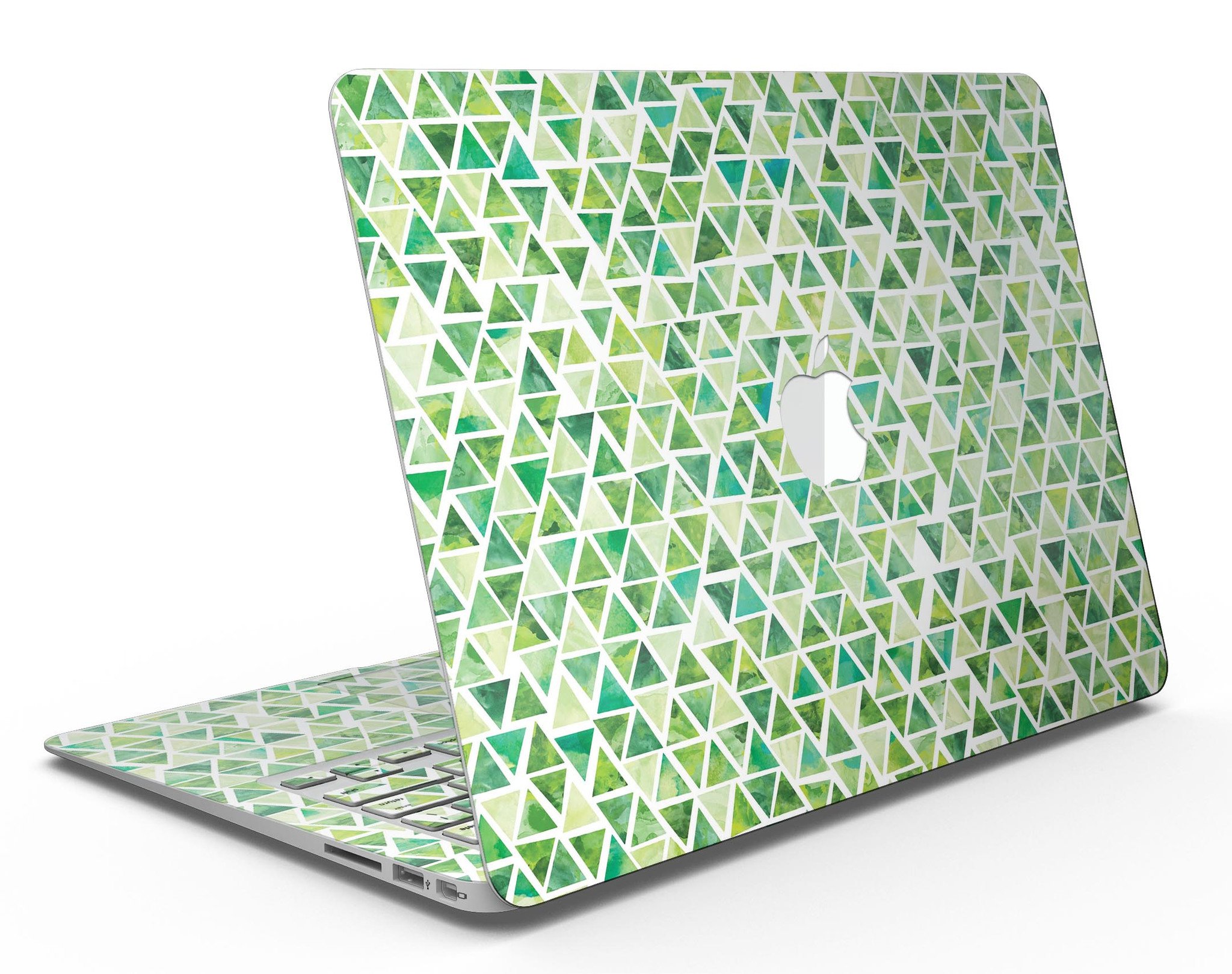 Green Watercolor Triangle Pattern MacBook Air skin kit showcasing vibrant colors and unique design.