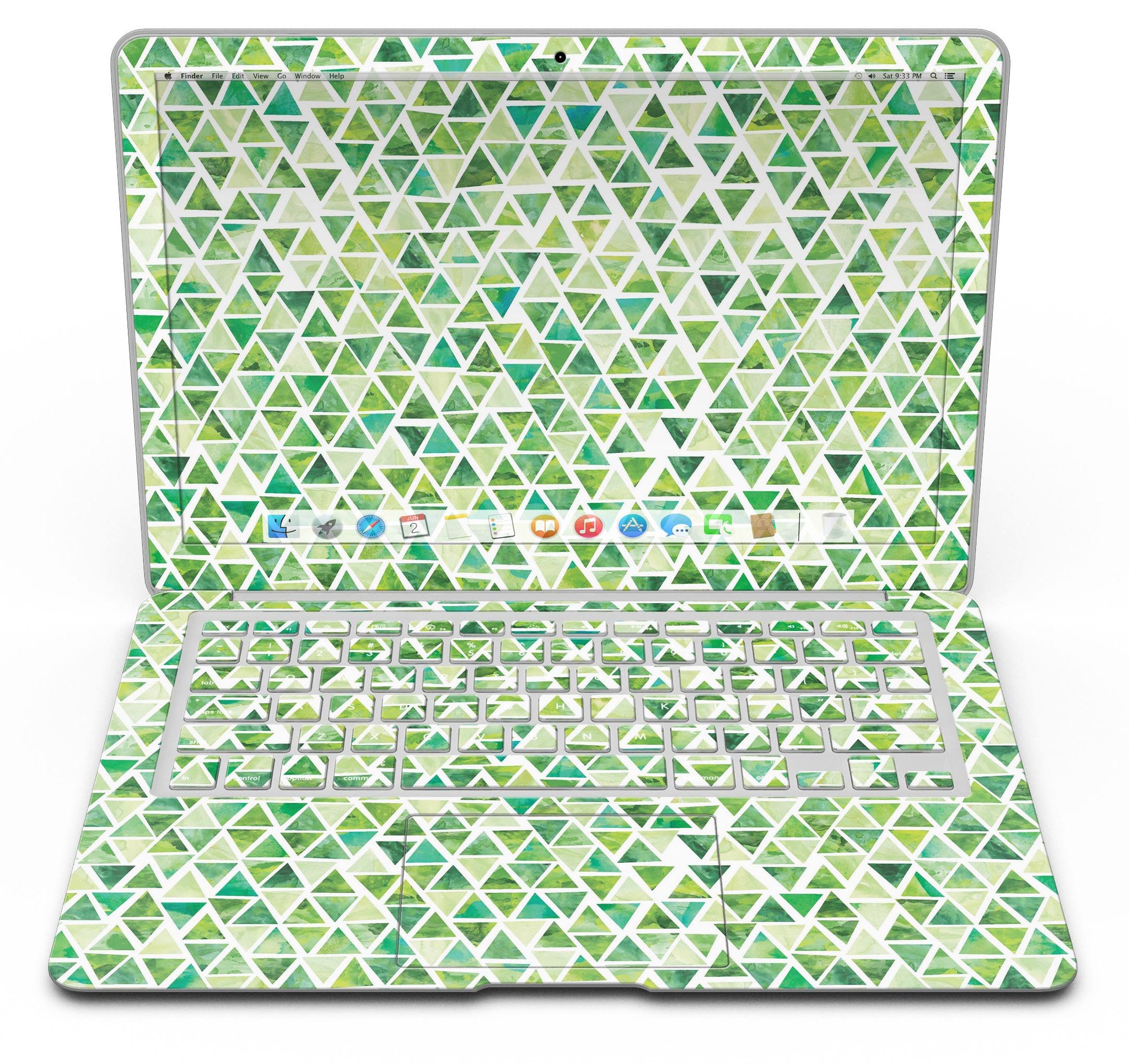 Green Watercolor Triangle Pattern MacBook Air skin kit showcasing vibrant colors and unique design.