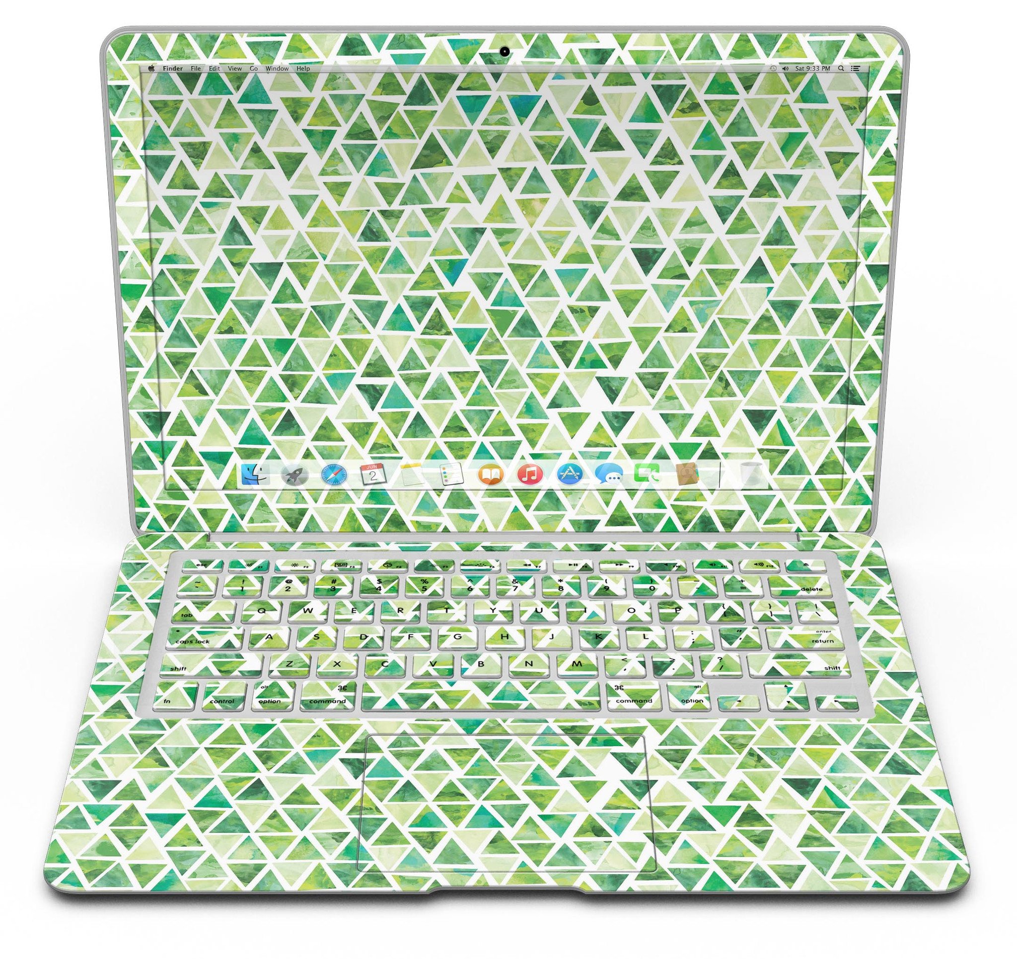 Green Watercolor Triangle Pattern MacBook Air skin kit showcasing vibrant colors and unique design.