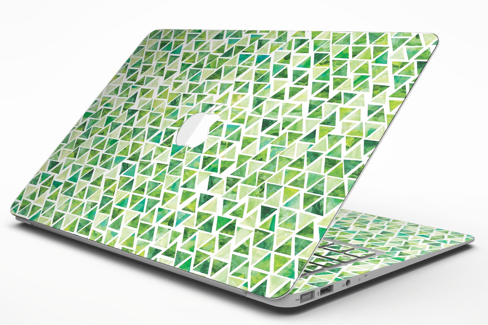 Green Watercolor Triangle Pattern MacBook Air skin kit showcasing vibrant colors and unique design.