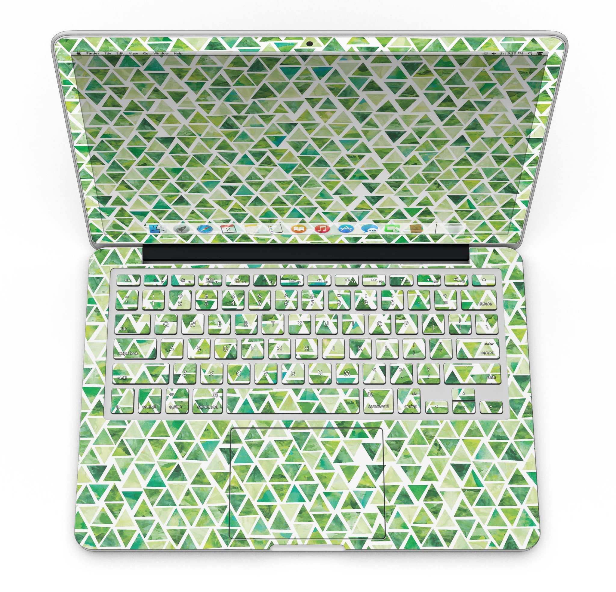 Green Watercolor Triangle Pattern skin for MacBook Pro with Retina Display, showcasing vibrant colors and a stylish design.