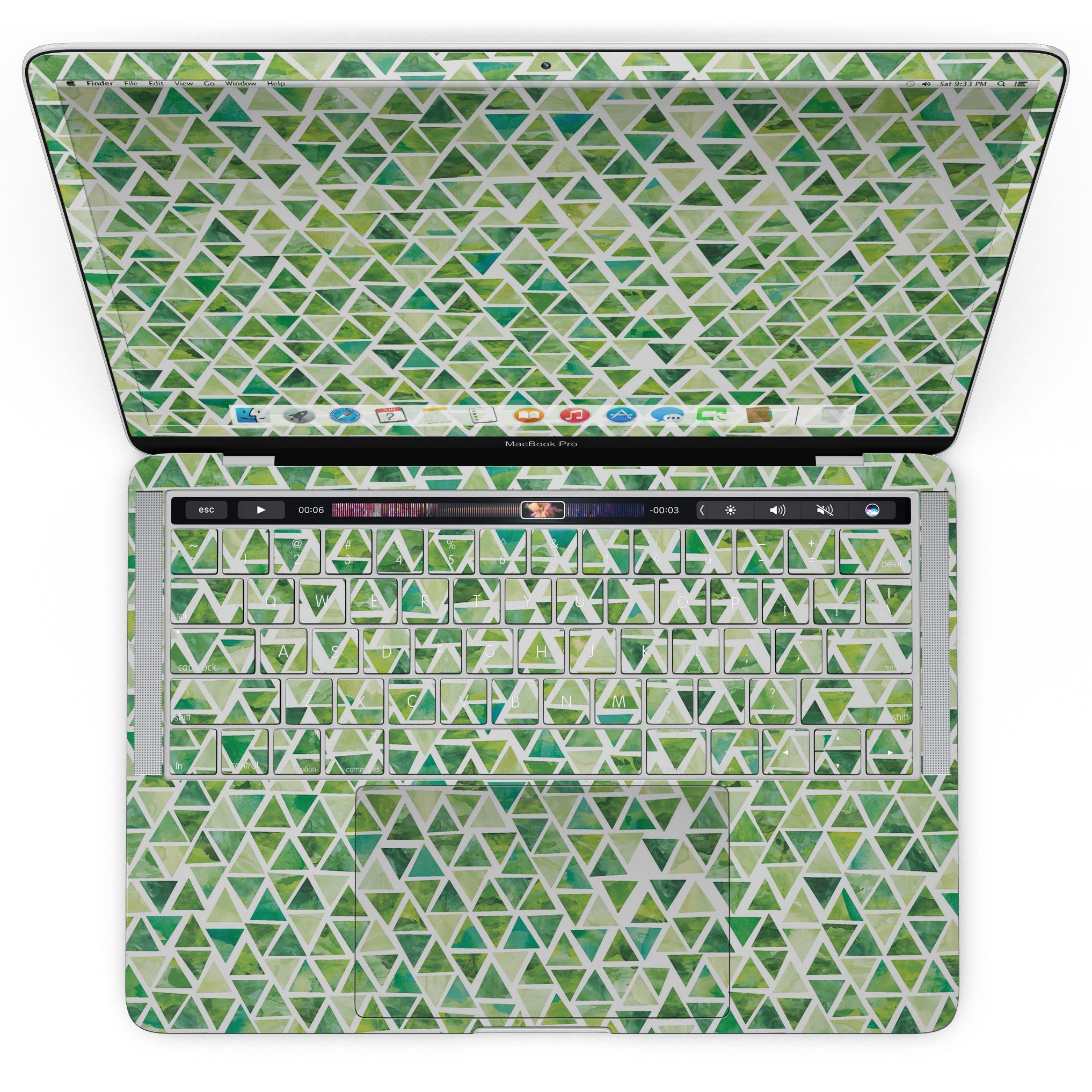 Green Watercolor Triangle Pattern skin for MacBook Pro with Touch Bar, showcasing vibrant colors and unique design.