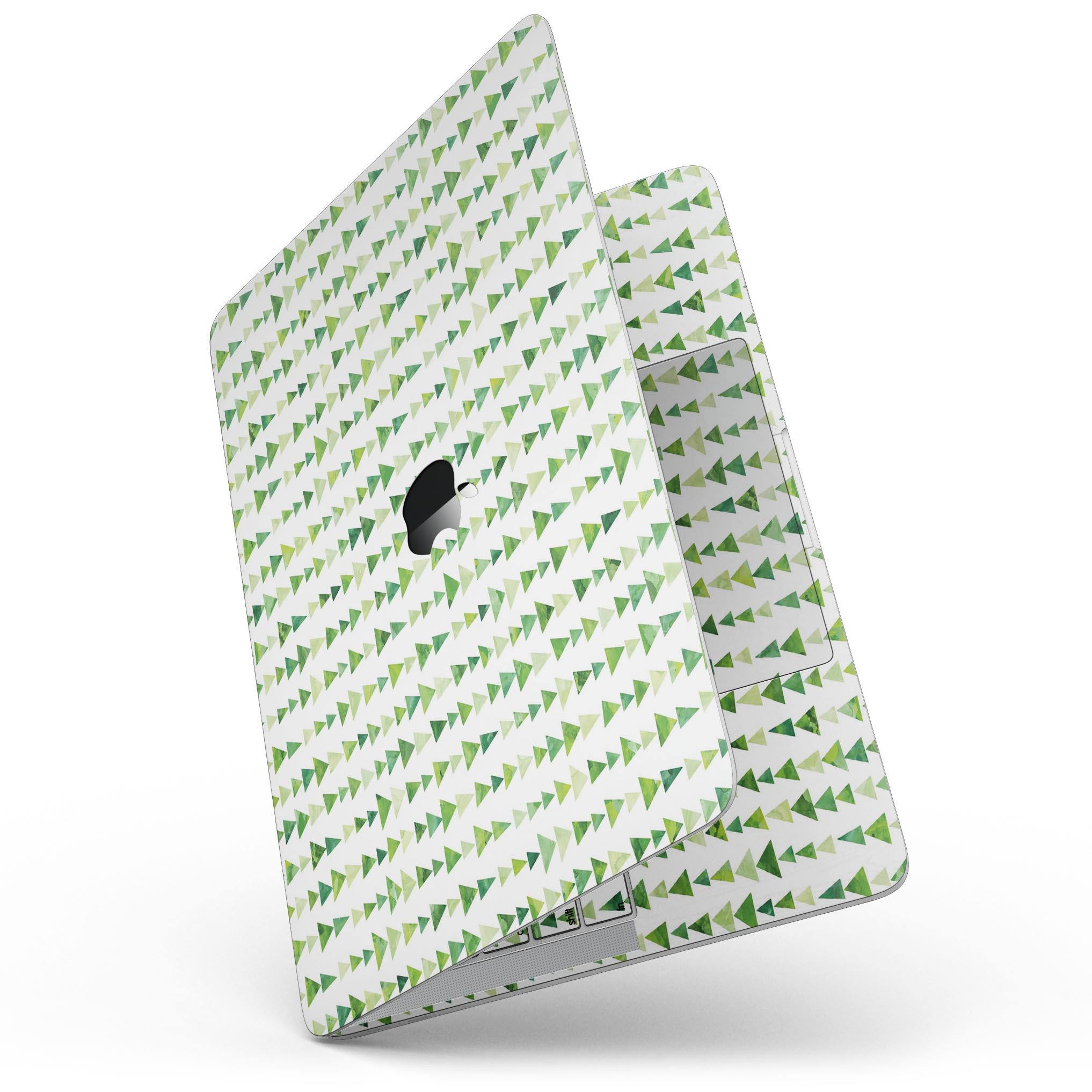 Green Watercolor Triangle Pattern skin for 13" MacBook Pro without Touch Bar, showcasing vibrant colors and unique design.